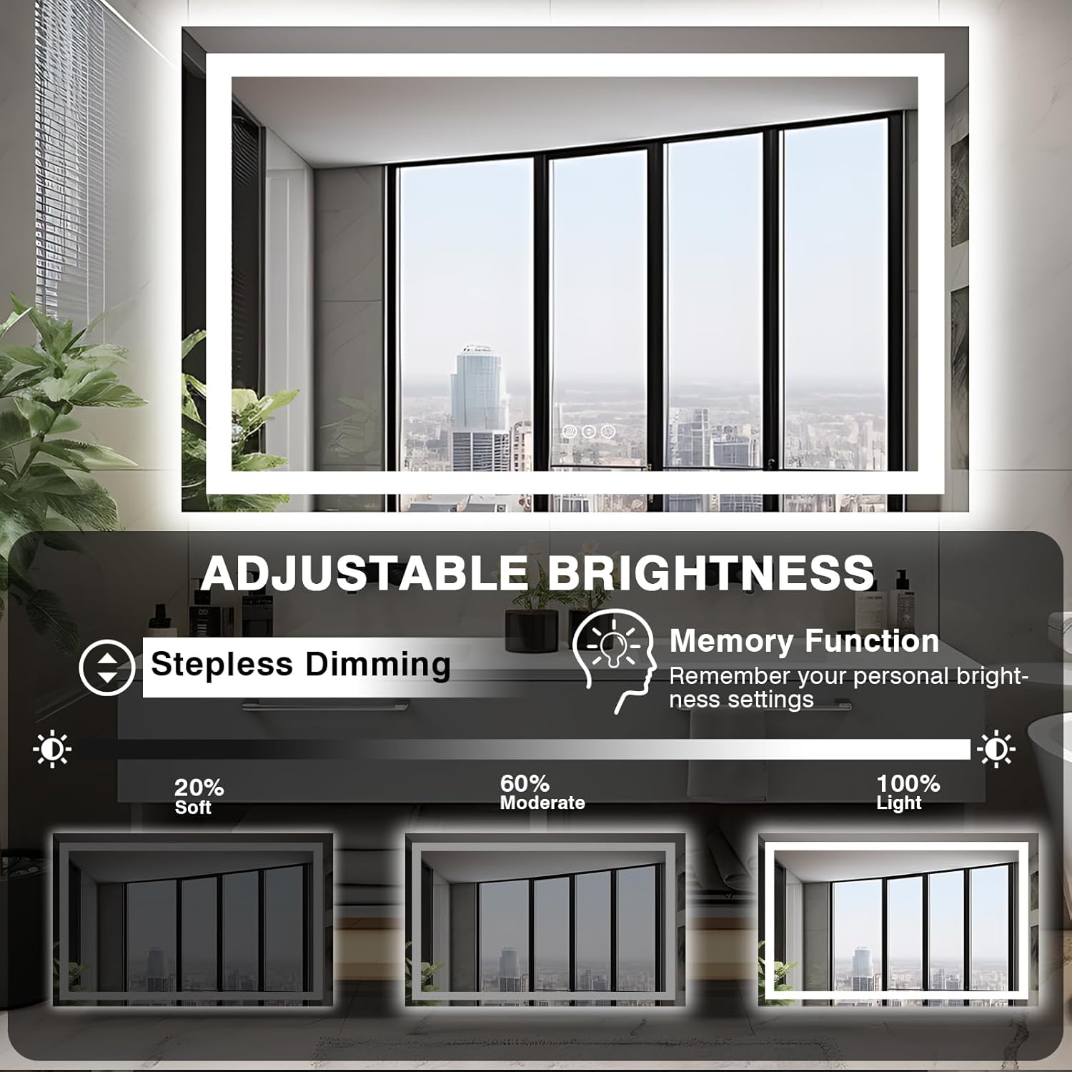 50"x36" Lighted Mirrors for Bathroom Wall, Anti-Fog LED Vanity Mirror, Shatter-Proof, 3 Colors Memory Mirror (Horizontal/Vertical)