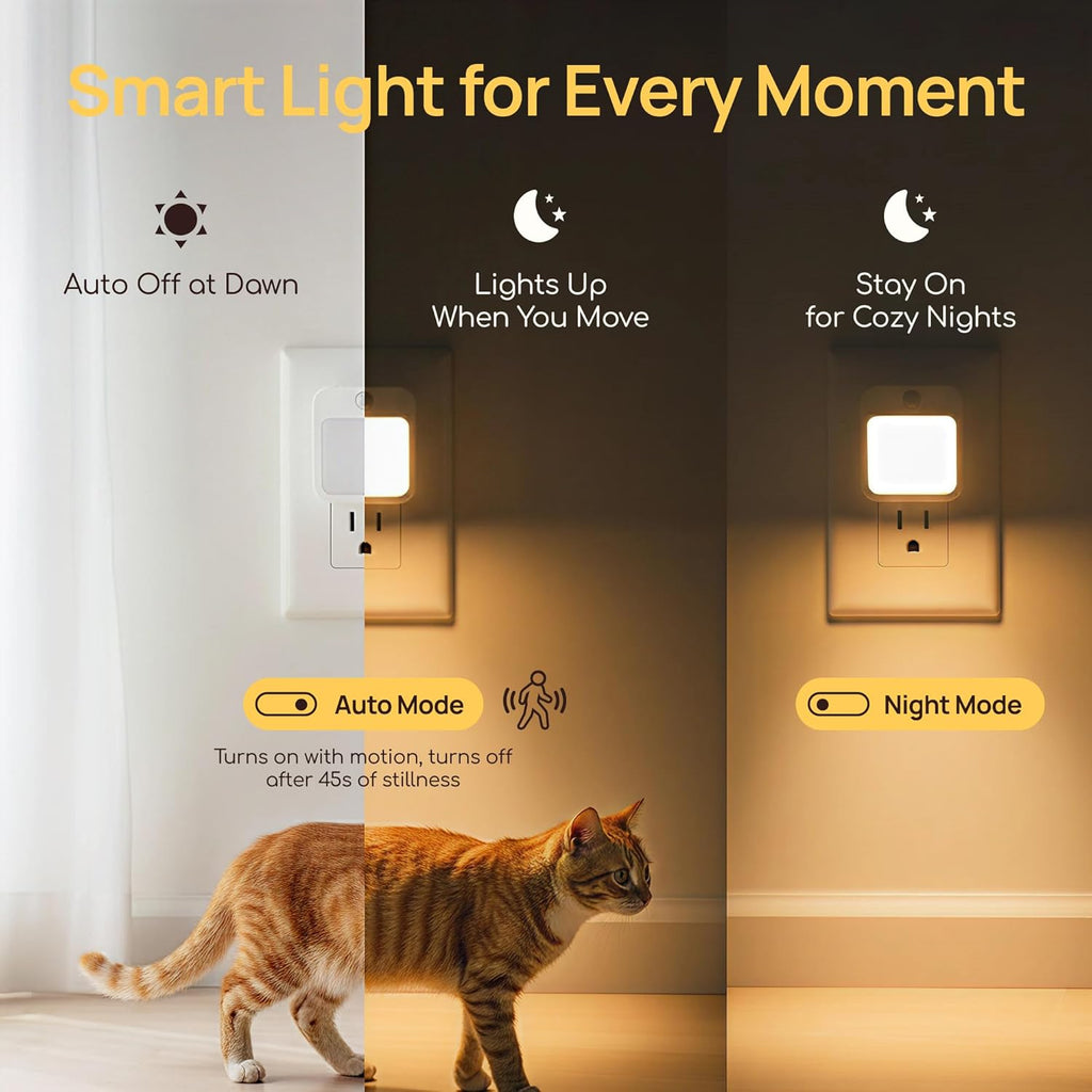 Plug-in Night Light with Motion Sensor, Dusk-to-Dawn Light Sensor, Stepless Dimming LED Night Lights for Bedroom, Hallway, Bathroom, Kids Room, Energy Efficient, 2-Pack