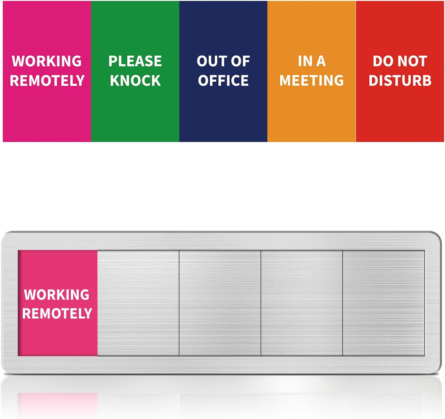 Office Door Signs Do Not Disturb, Please Knock, In A Meeting, Out Of Office, Working Remotely 5 Options Privacy Door Slider Sign For Meeting & Conference Room Brushed Silver