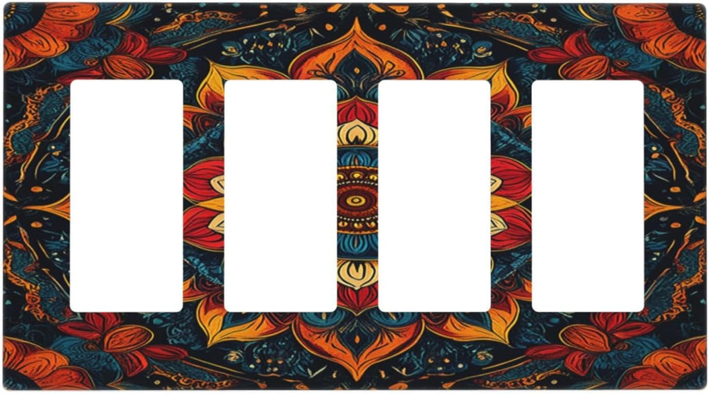 Boho Colorful Mandala 4 Gang Wall Plates Outlet Covers Quad Rocker Light Switch Cover Plate Decorative Switch Plates GFCI Electrical Faceplate for Bathroom Bedroom Decor 4.5 X 8 IN