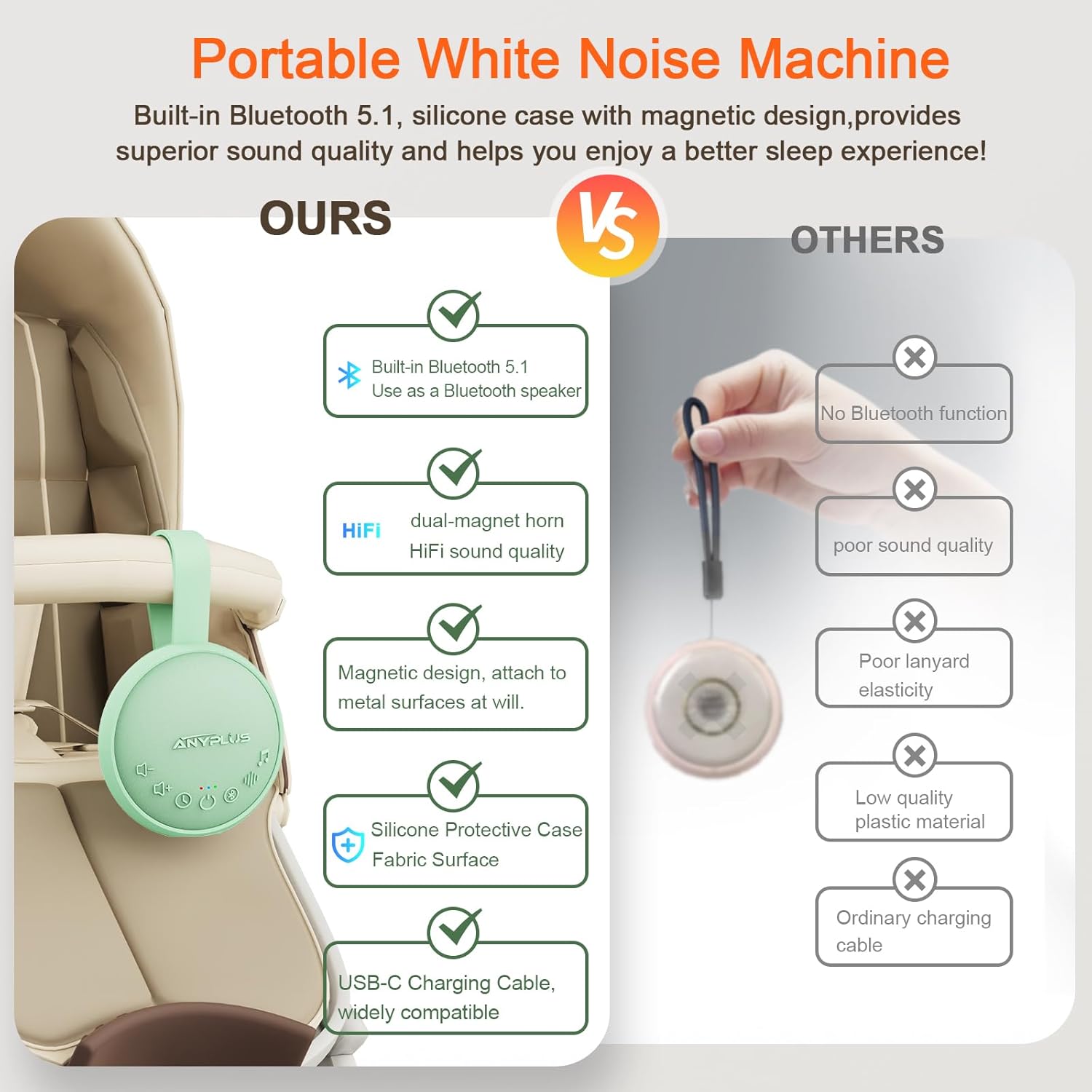 White Noise Sound Machine for Sleeping Adults & Baby, Portable Noise Machine with 24 Soothing Sounds, Bluetooth 5.1, Battery Powered, 3 Timer Settings, Memory Function for Home, Office, Travel (Green)