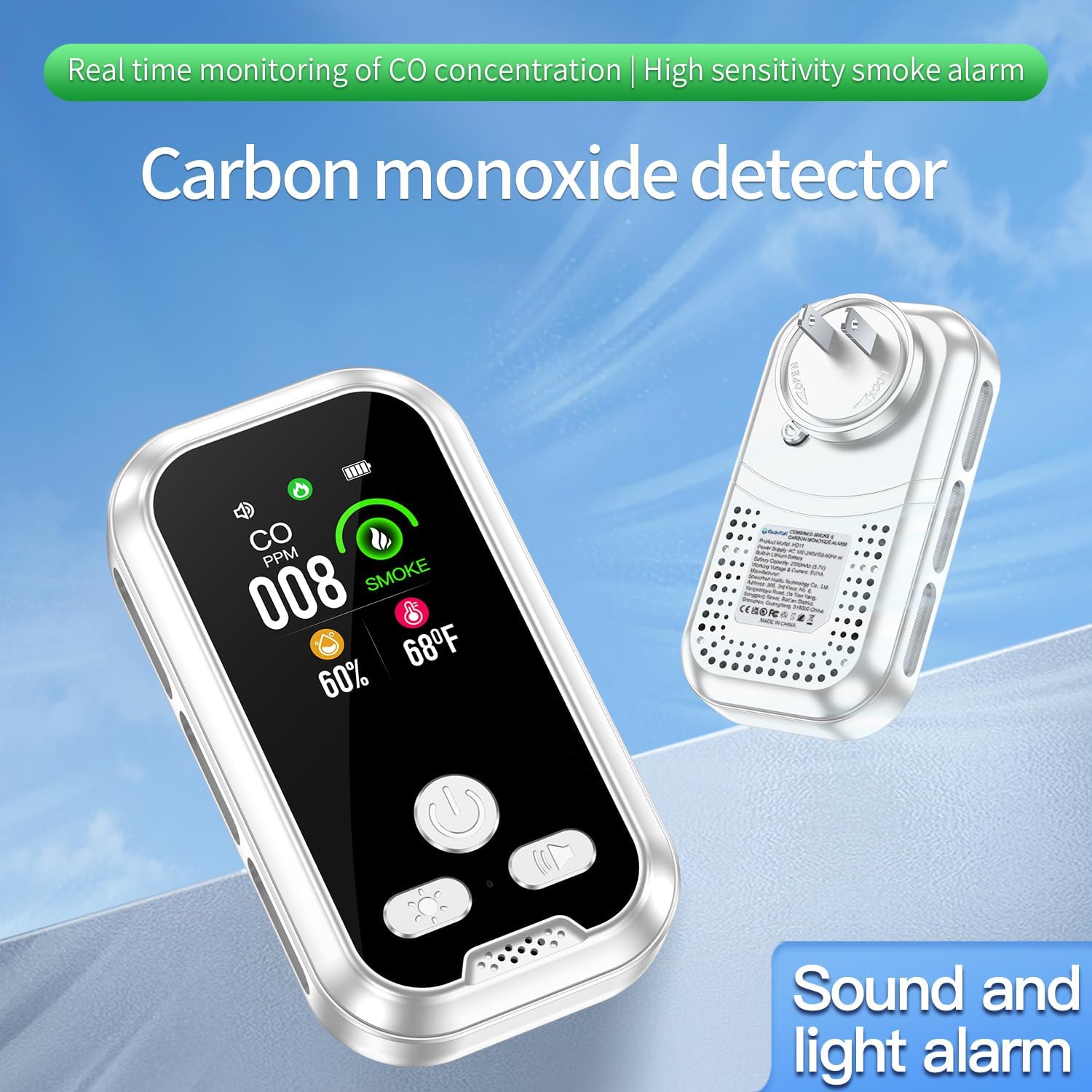 4in1 Plug in Smoke & Carbon Monoxide Detector Combination Builti-in 2000mAh Backup Battery HD Screen [Smoke CO Temp Humidity Sensor] for Home Hotel Travel (1 Pack, White)