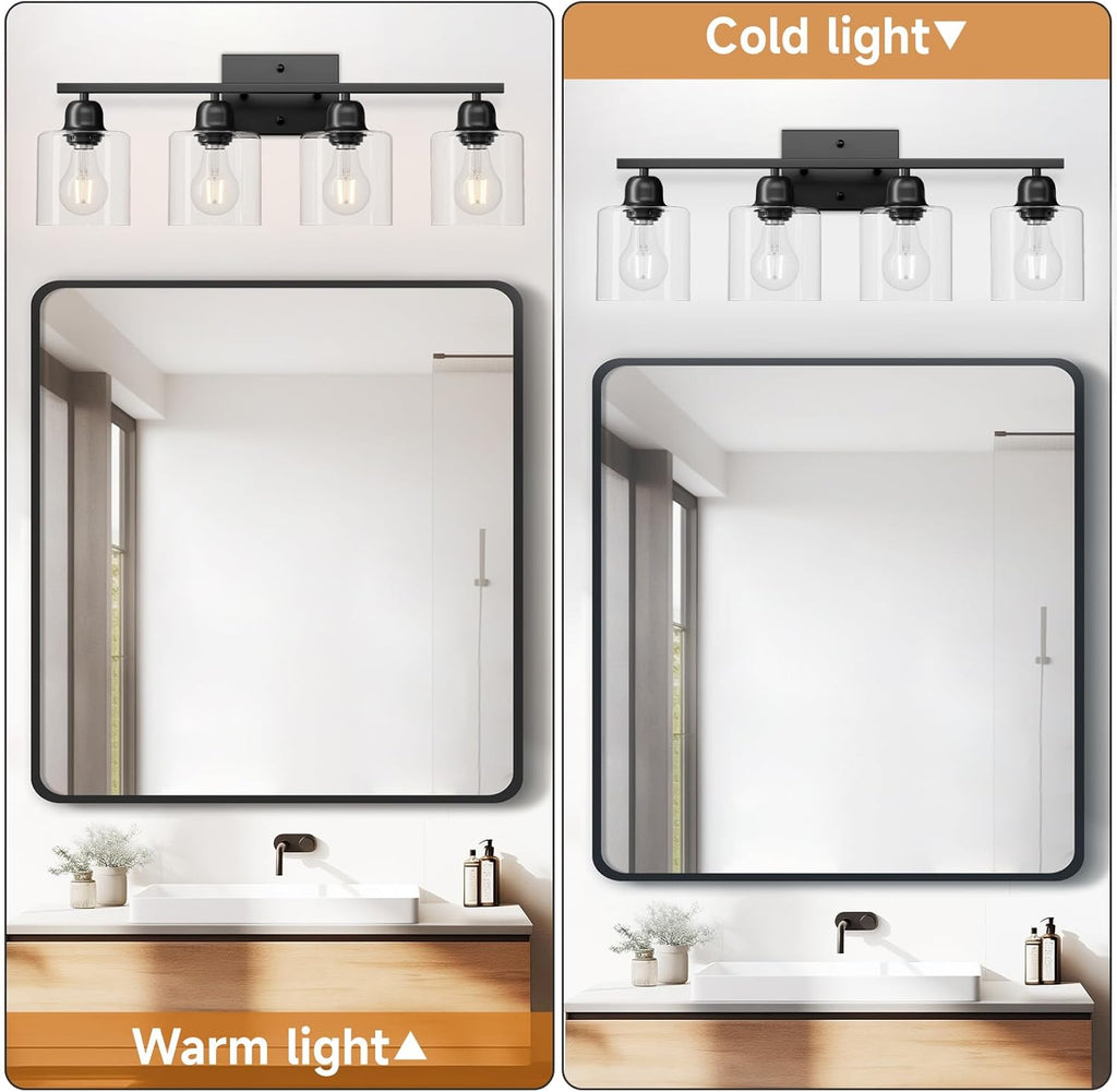 Modern 4 Light Bathroom Light Fixtures, 24 inch Black Vanity Lights for Bathroom with Clear Glass, Bathroom Vanity Light for Mirror Kitchen Living Room Hallway Cabinet Porch
