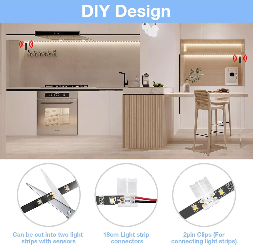 WOBANE Dual Motion Sensor Light Strip, Rechargeable 16.4ft LED Lighting, 150 LEDs Tape Lights for Stairs,Under Cabinet,Closet,Shelves,Gun Safe Light, Hallway,Cuttable,Flexible,6000K White,Black