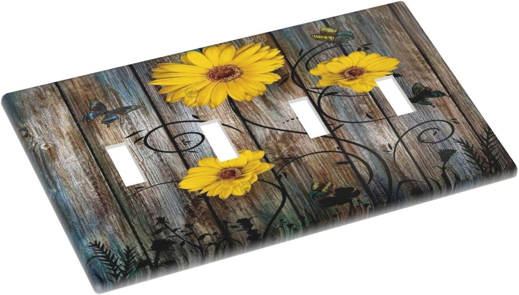 Rustic Barn Sunflower Wooden Daisy Flower Plank Light Switch Covers Quad Toggle Electrical Faceplate 4 Gang Wall Plate Decorative Switch Plates for Farmhouse Home Decor