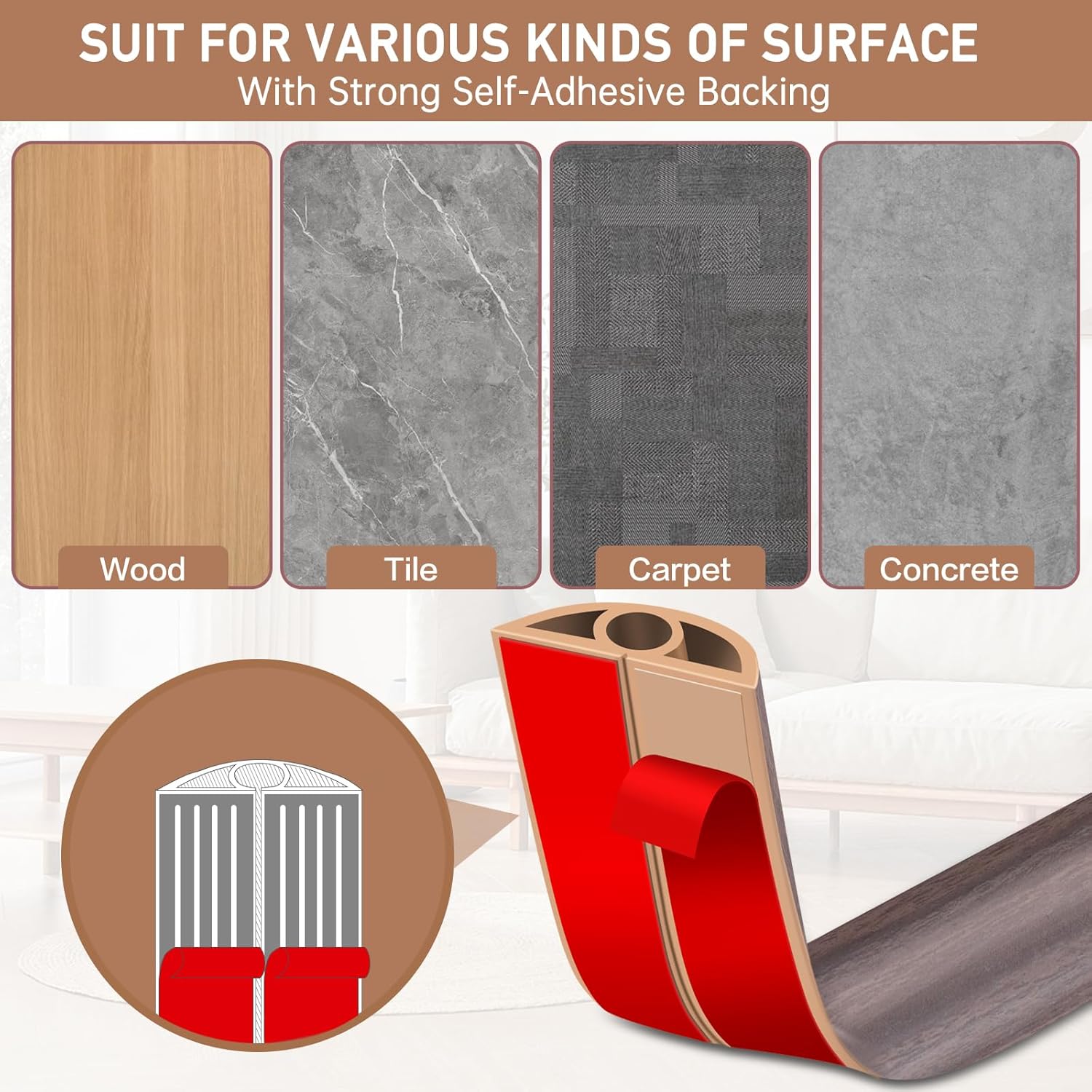Floor Cord Cover Self Adhesive Cord Hider Floor Extension Cord Covers for Floor Power Cord Protector Cable Management Prevent Cable Trips Cable Cavity 0.32" W x 0.32" H (Brown Walnut Wood, 10Ft)