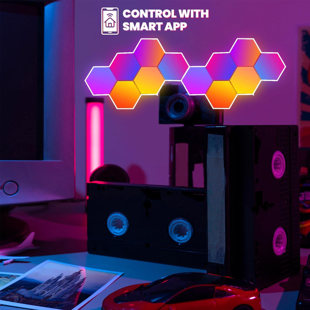 12-Pack RGB Hexagon Wall Panels - Hexagon Lights with APP & Remote-Control, Cool Music Sync - Multicolor 12PCS for Gaming Room, Living Room & Bedroom