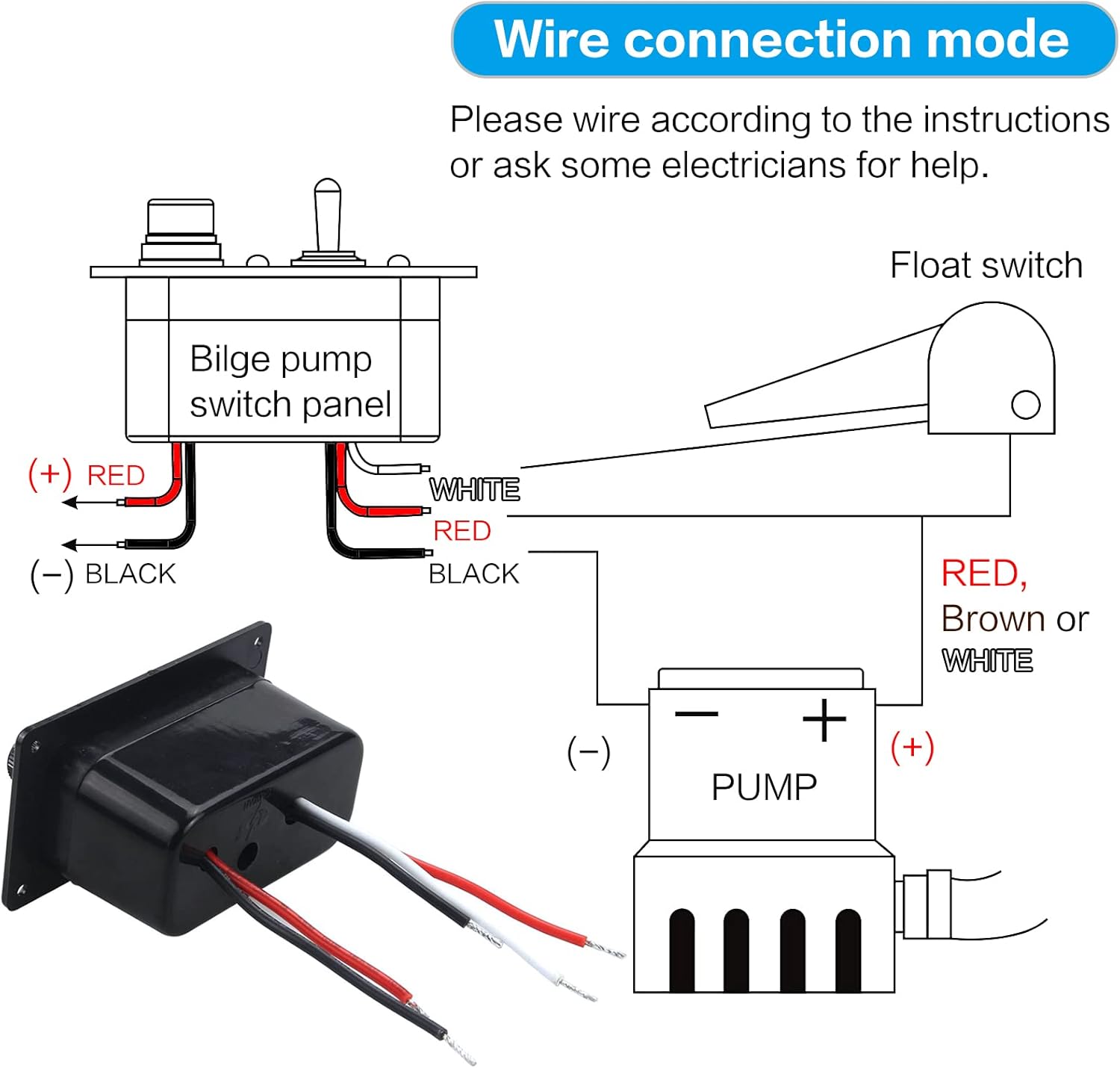 12V Bilge Pump Control Switch Panel 3 Way Manual/Off/Auto with LED Indicator 5A Fuse for Yacht Camper Truck Marine Boat