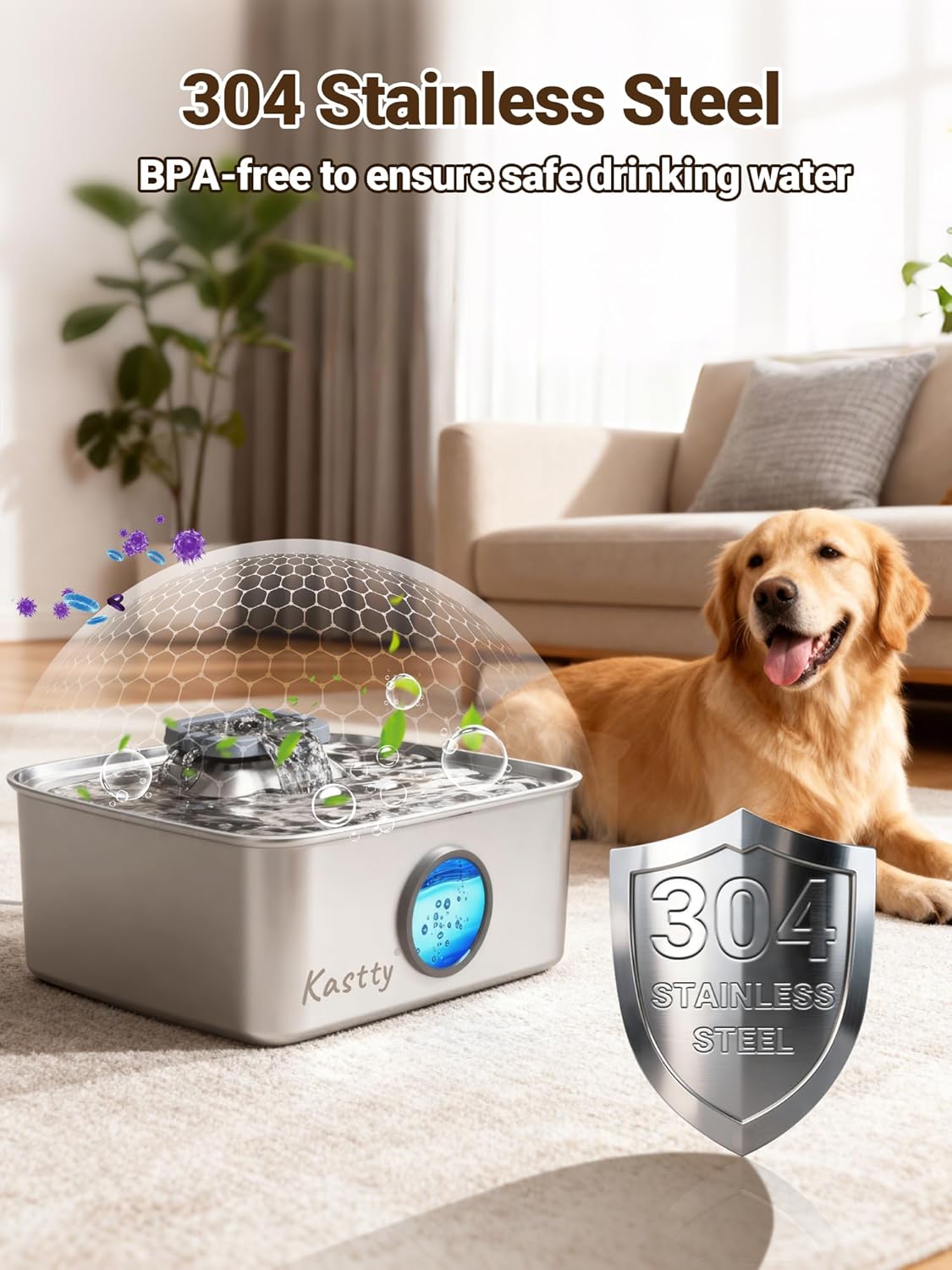Kastty 15L/4 Gal Dog Water Fountain, Stainless Steel Large Pet Water Fountain with Water Level LED Light, Quiet Automatic Dog Water Bowl Dispenser for Dogs Inside Easy Cleaning FS79