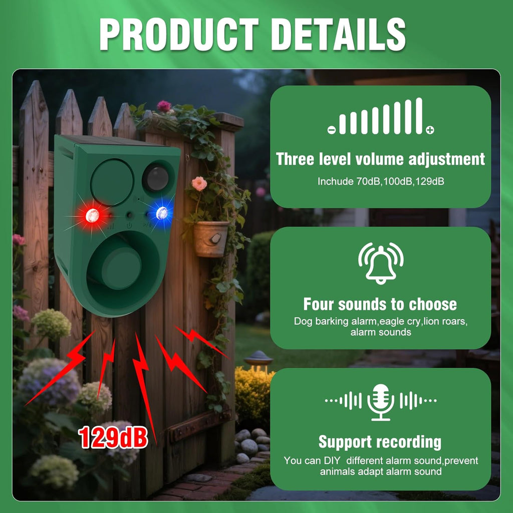 ChunHee Solar Outdoor Motion Sensor Alarm with Dog Barking Alarm Sound, Support Recording and Adjustable Volume, 129db Loud Noise Maker 4 Work Modes Strobe Light for Home, Villa, Farm, Barn (1pack)