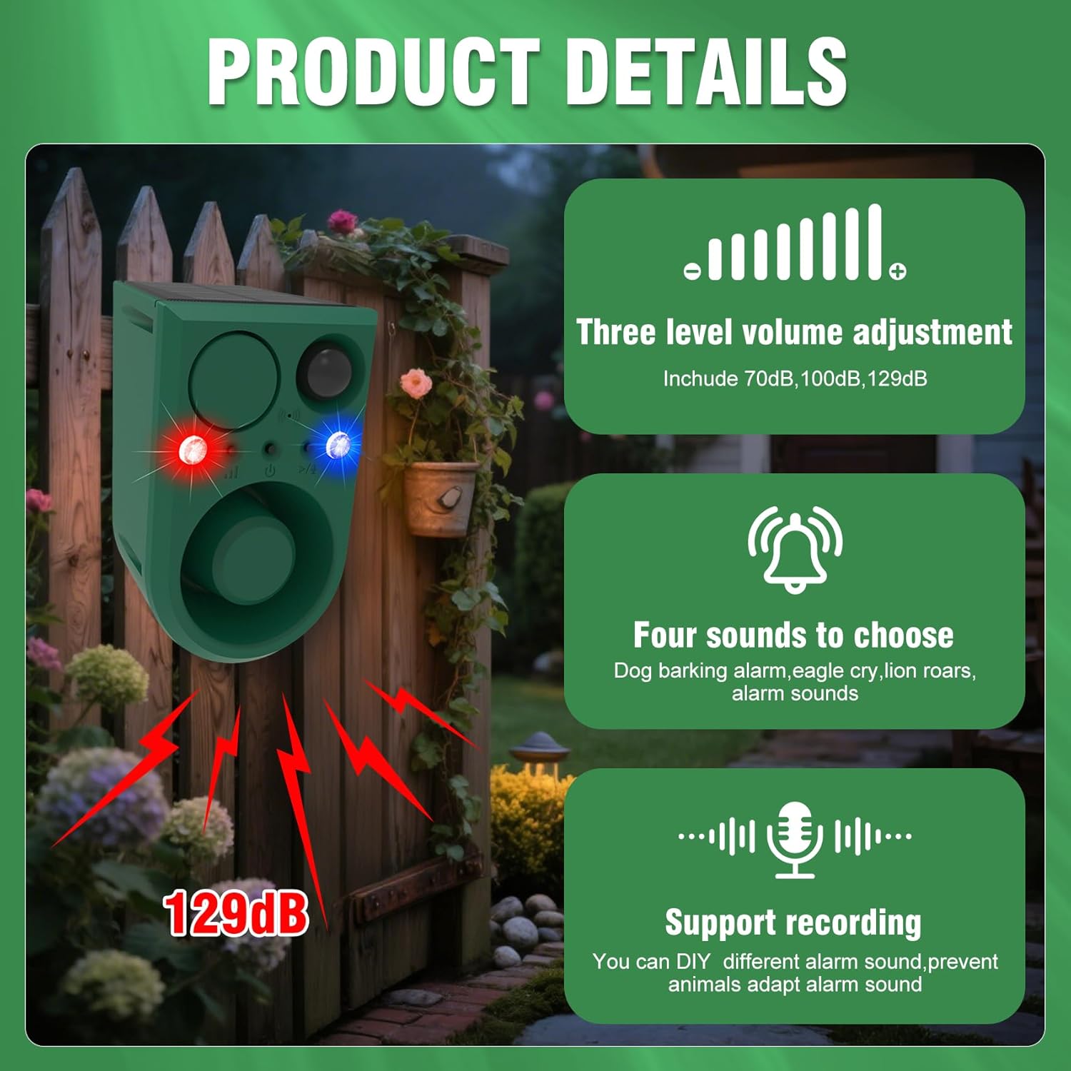 ChunHee Solar Outdoor Motion Sensor Alarm with Dog Barking Alarm Sound, Support Recording and Adjustable Volume, 129db Loud Noise Maker 4 Work Modes Strobe Light for Home, Villa, Farm, Barn (1pack)