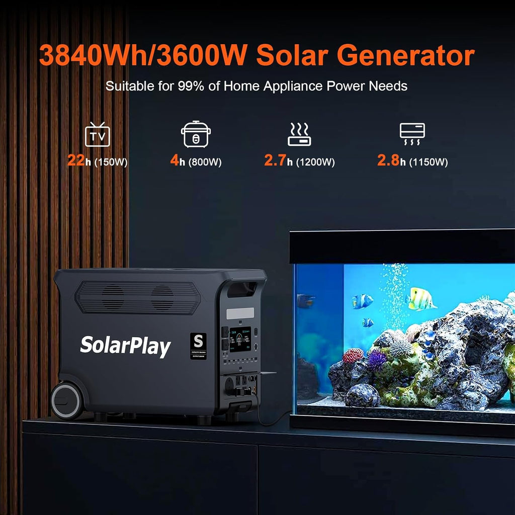 SolarPlay Q3600 Portable Power Station with 400W Solar Panel, 3600W AC Output(Surge 5500W) 3840Wh LiFePO4 Battery Solar Generator, Essential Home Backup for Home Use, Power Outages, RV, Camping