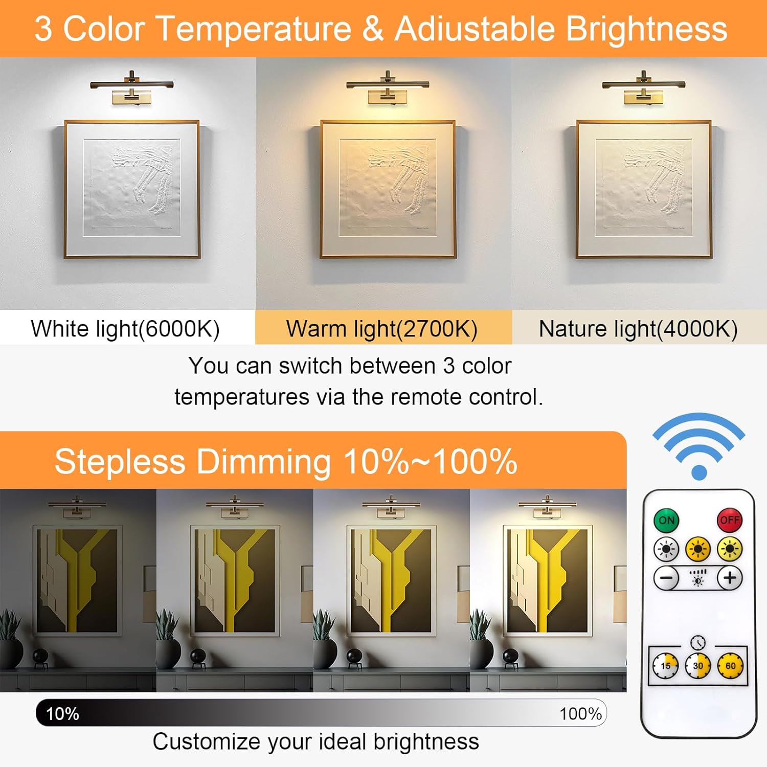 Rechargeable Picture Light with Remote Control,12 Inch Brass Finish Adjustable Wireless Art Lighting Fixture,Painting Lights with Timer,3 Color Temperature and Dimmable