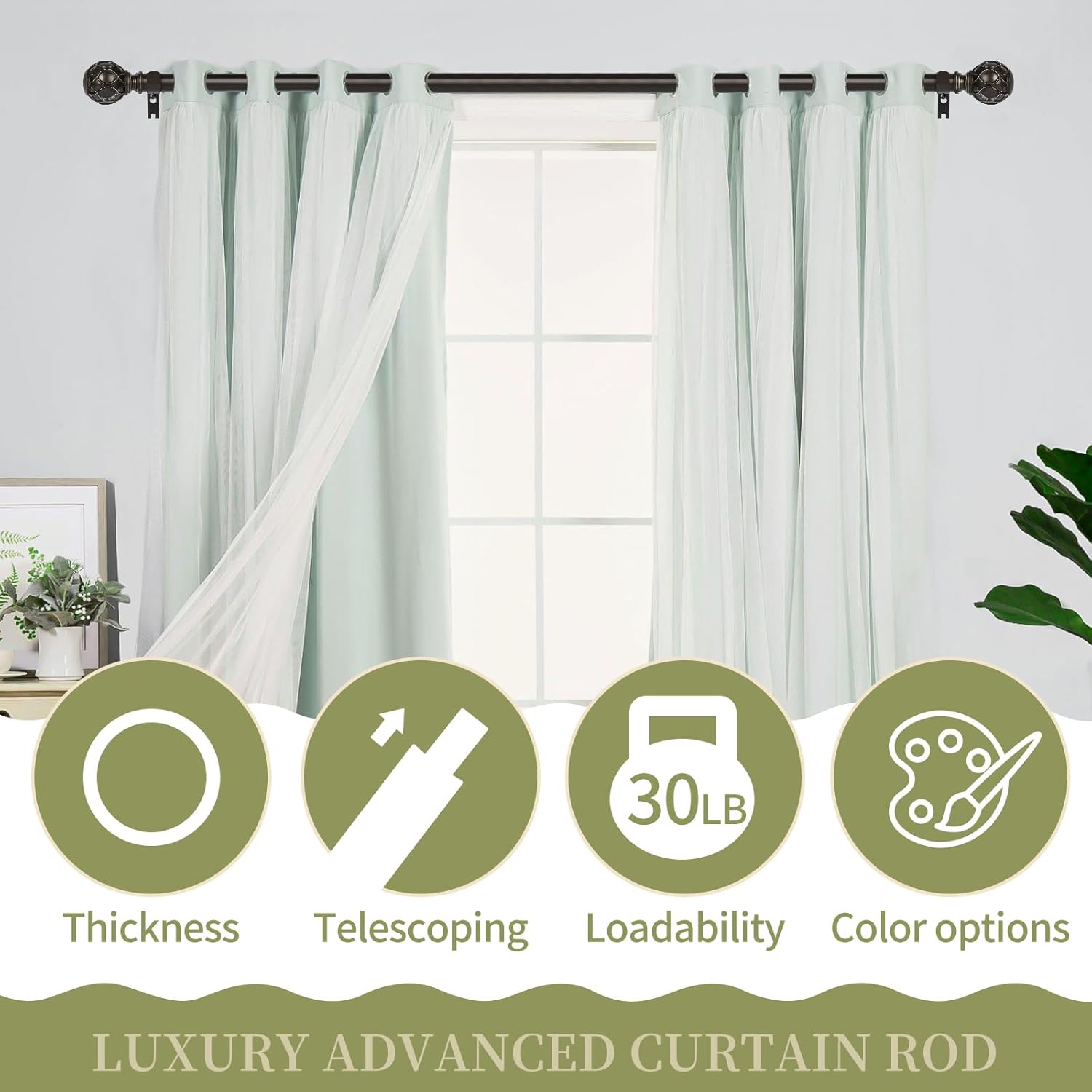 Bronze Farmhouse Curtain Rods for Windows:66-120 Inch Heavy Duty Adjustable Curtain Rod for Bedroom Living Room,Boho Decorative Rustic Drapery Rods with Vintage Coastal Finial,Antique Bronze