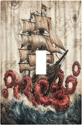 Decorative Light Switch Cover Vintage Octopus Ocean Sailboat Bizarre Adventure 1 Gang Single Toggle Decorator Outlet Wall Plate Device Electrical Faceplate Switchplates for Bathroom Kids room Decor