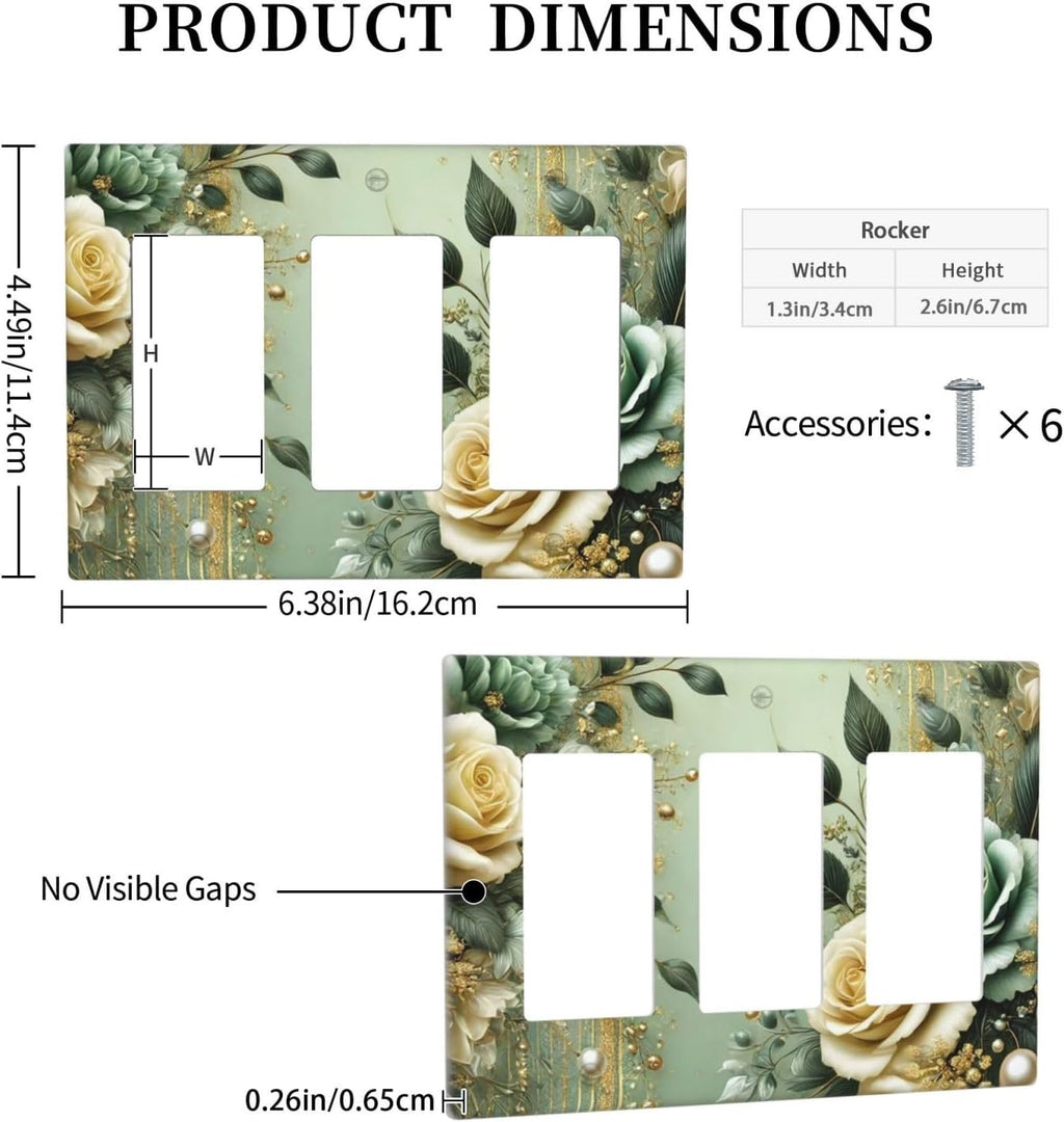 Decorative Outlet Covers Rustic Green Floral Leaves Teal Flowers Gold Stripe 3 Gang Wall Plate Triple Rocker Light Switch Cover Plate Jumbo Electrical GFCI Faceplate