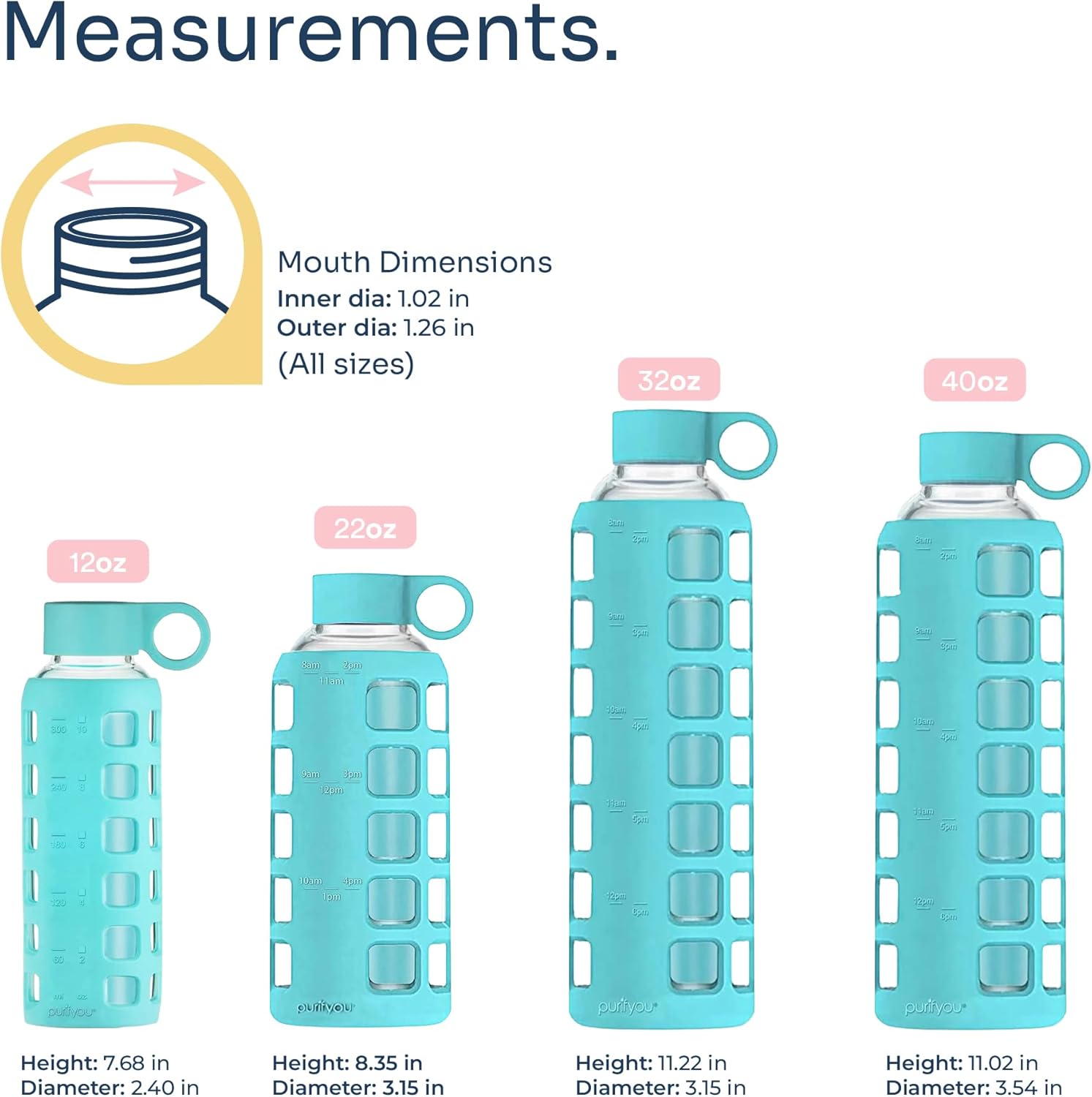 purifyou 40oz / 32oz / 22oz / 12oz Borosilicate Glass Water Bottle with Time & Volume Markers, Silicone Sleeve, Stainless Steel Lid | Reusable Glass Bottle for Water & Juice (22oz Aqua Blue)