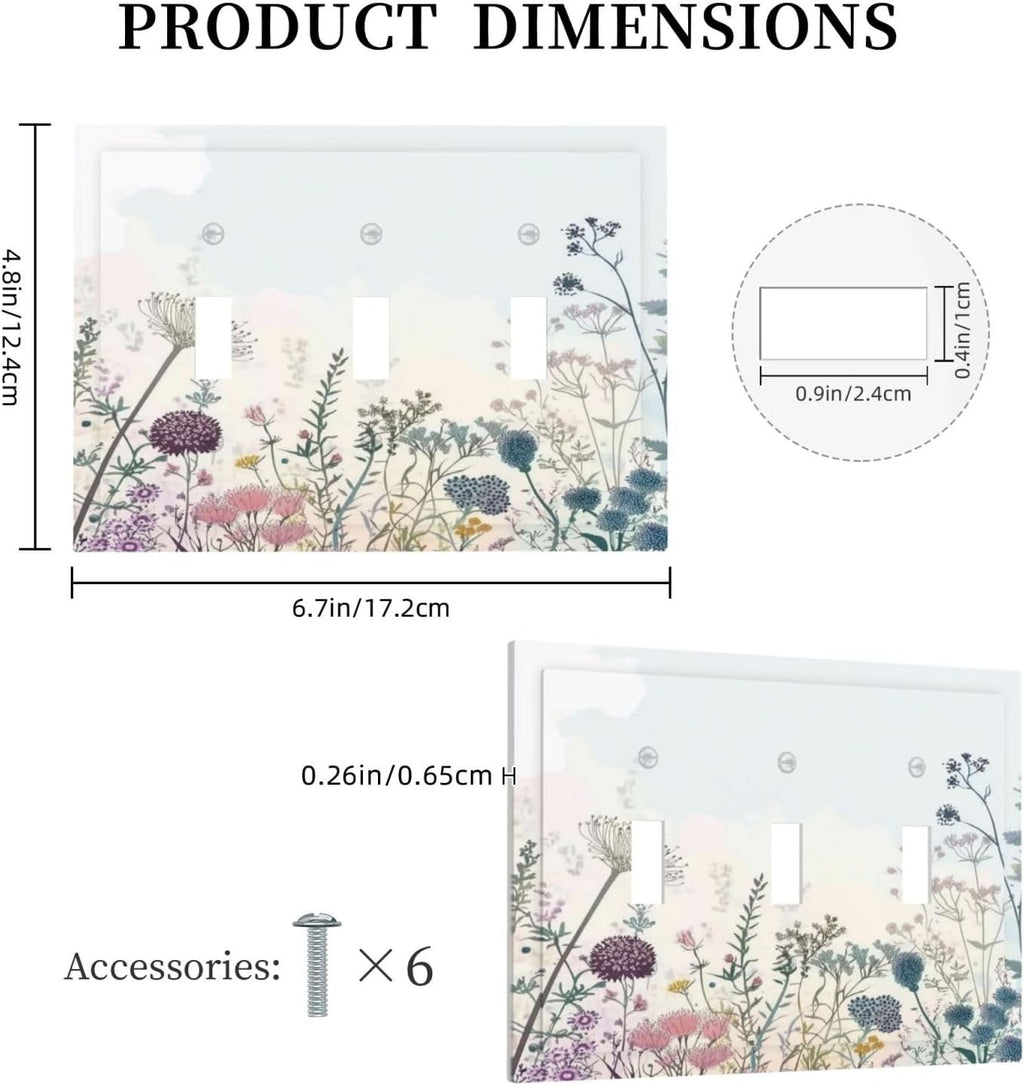 Colorful Wildflower Watercolor Dandelion Floral Decorative Switch Plates 3 Gang Wall Plate Triple Toggle Light Switch Cover Faceplate Electrical Wall Panels For Cabin Home Decor