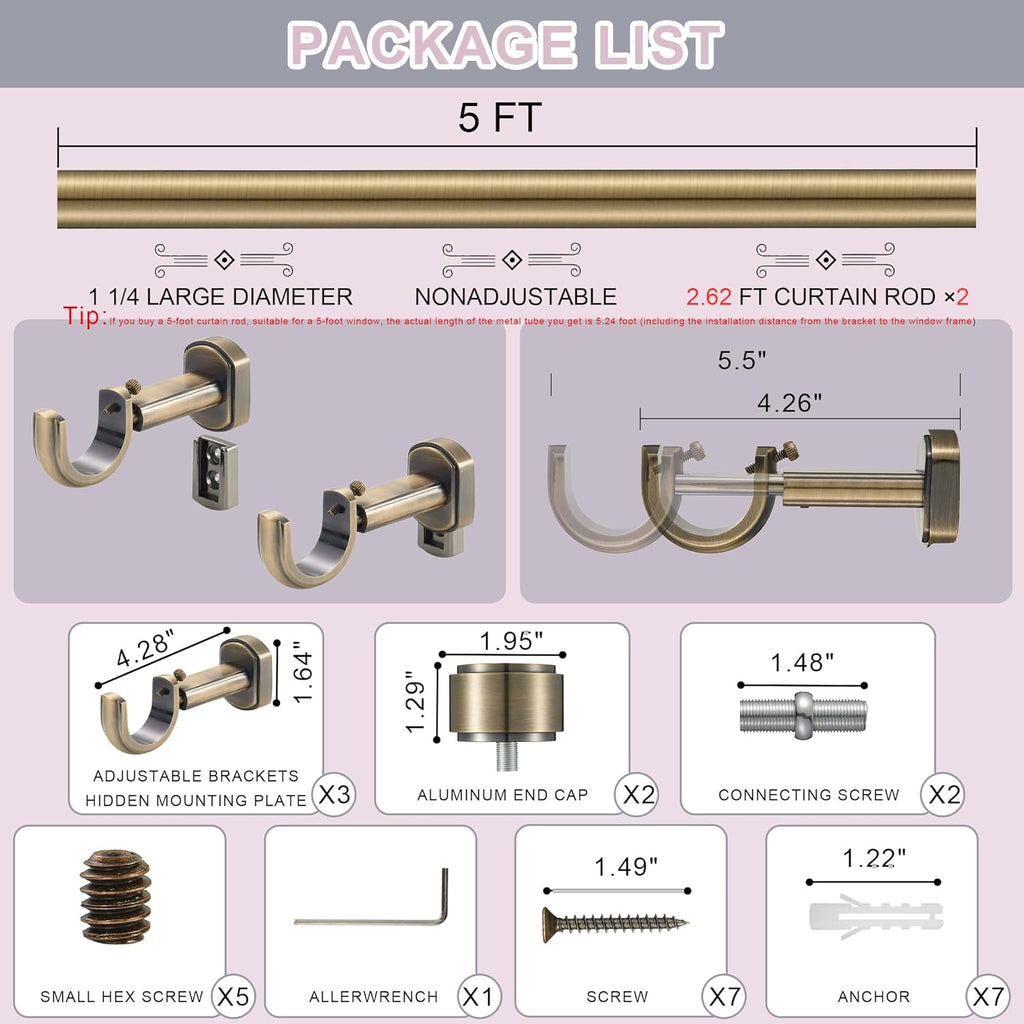 Heavy Duty Curtain Rods,1 1/4" Large Diameter Premium Nonadjustable Curtain Rod,60in/5ft Custom Window Treatment Rods with Durable Aluminum Brackets and End Caps,Antique Bronze Finish