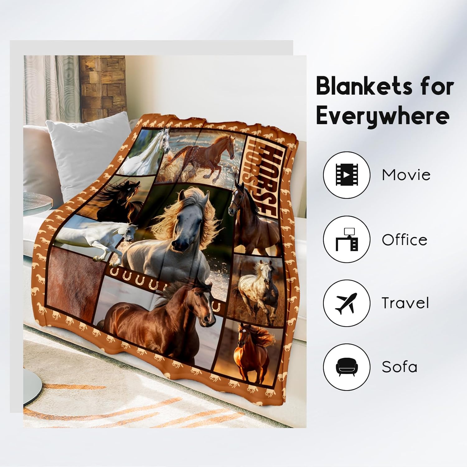 Horse Girls Blanket, Horse Gifts for Girl Ages 8-12 10-12, 60"x80" Kids Throw Blankets for Adults Women, Cowgirl Room Decor Western Throws for Animal Lovers