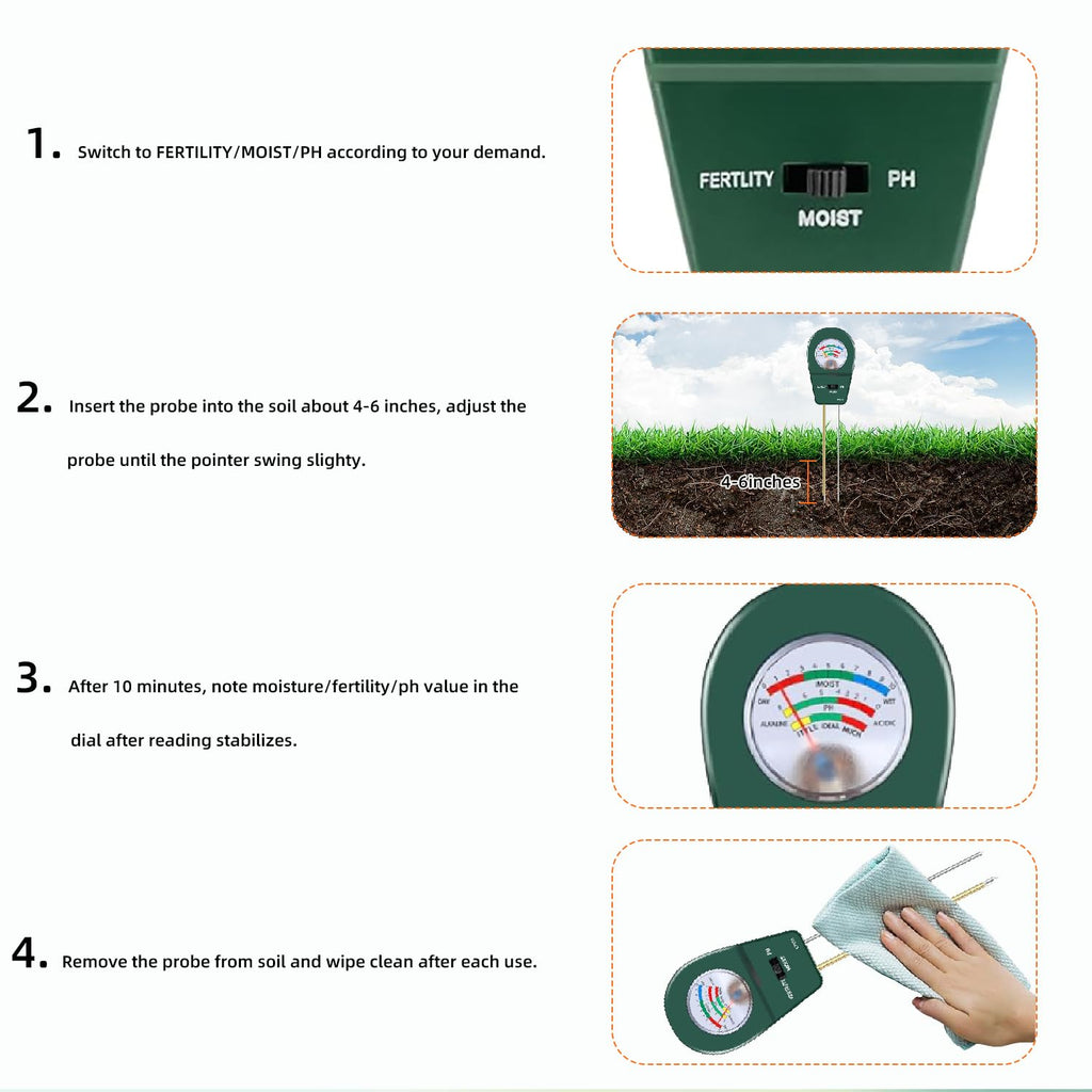 3-in-1 Soil Moisture Meter pH & Fertility Tester, No Battery Needed Plant Soil Test Kit for Houseplants, Garden, Lawn & Farm, Plug-and-Read Soil Acidity Meter for Indoor Outdoor Potted Plants (Green)