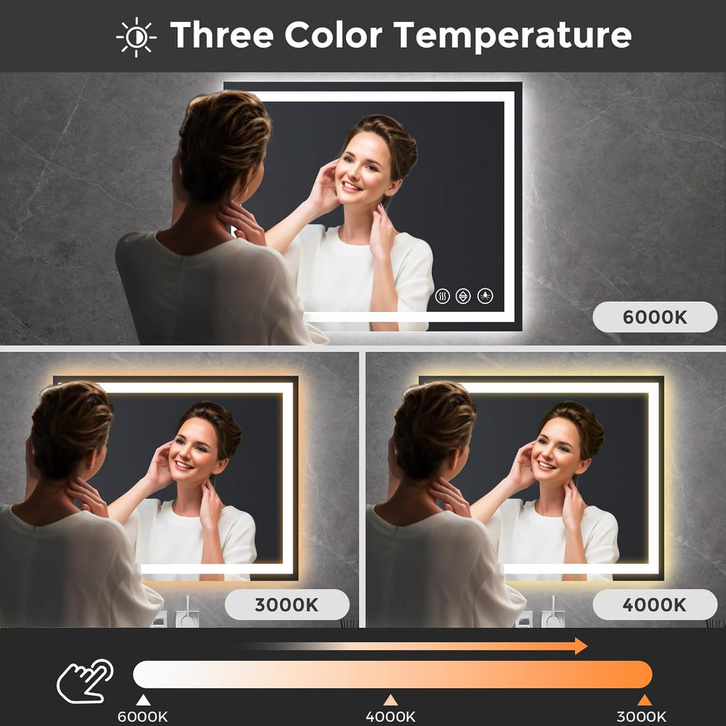 Koonmi 30x36 LED Bathroom Mirror, Backlit + Front Lit, LED Bathroom Mirror with Lights for Wall, 3 Colors, Anti-Fog, Dimmable Brightness, Memory Function, Tempered Glass
