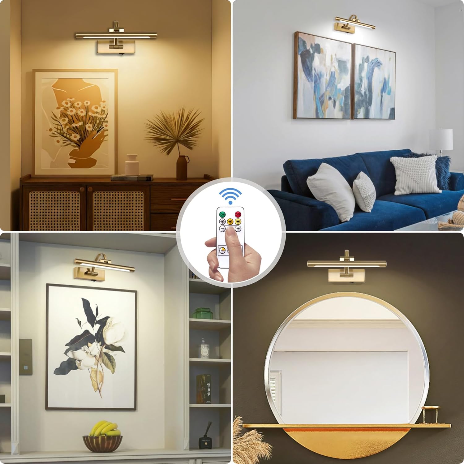 Rechargeable Picture Light with Remote Control,12 Inch Brass Finish Adjustable Wireless Art Lighting Fixture,Painting Lights with Timer,3 Color Temperature and Dimmable