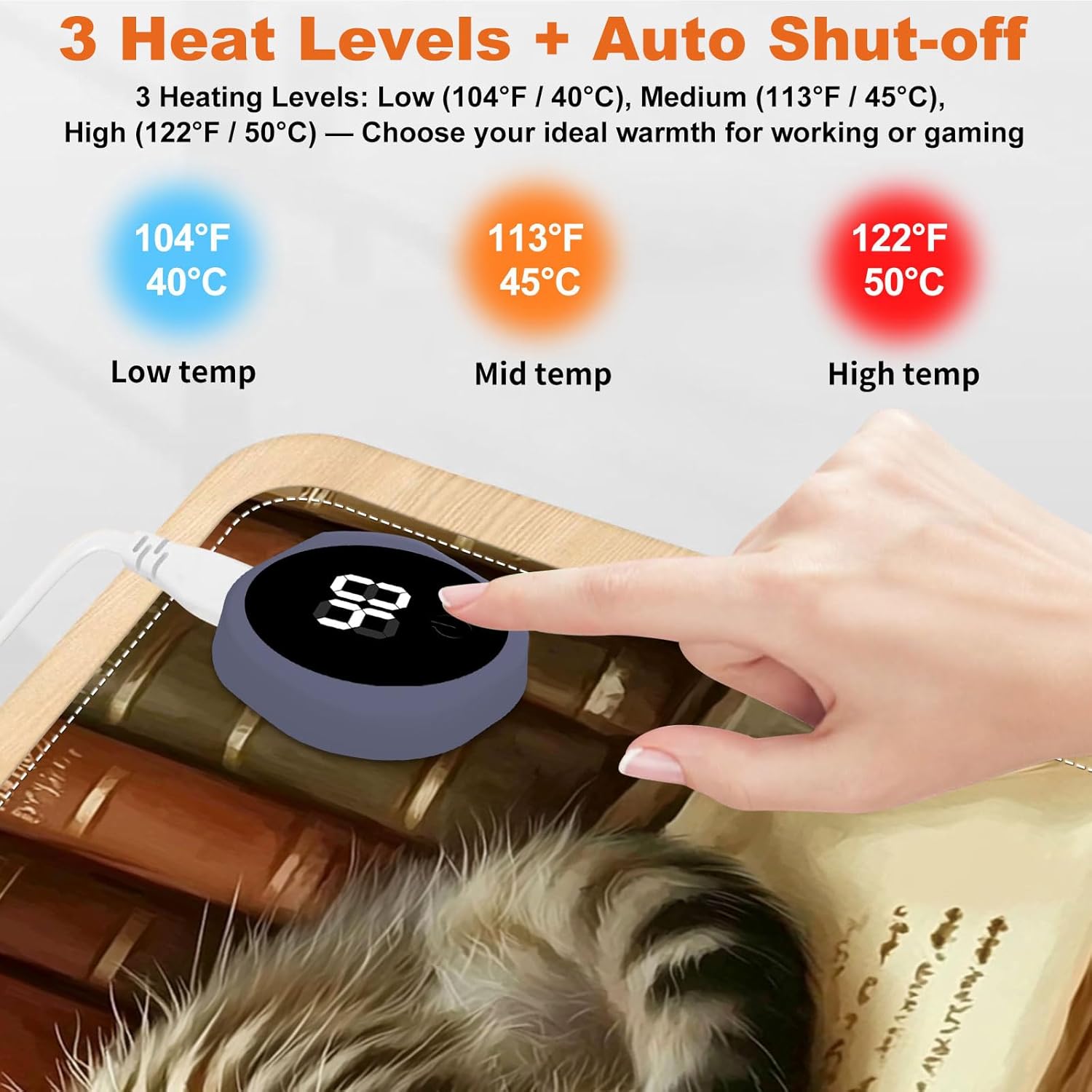 Heated Mouse Pad for Desk 31.5" x 13" – PU Leather Warm Desk Pad with 3 Heat Levels (104°F/113°F/122°F), Plug-in Electric Heating Mat with Auto Shut-Off, Waterproof & Rollable, Kitten on Book