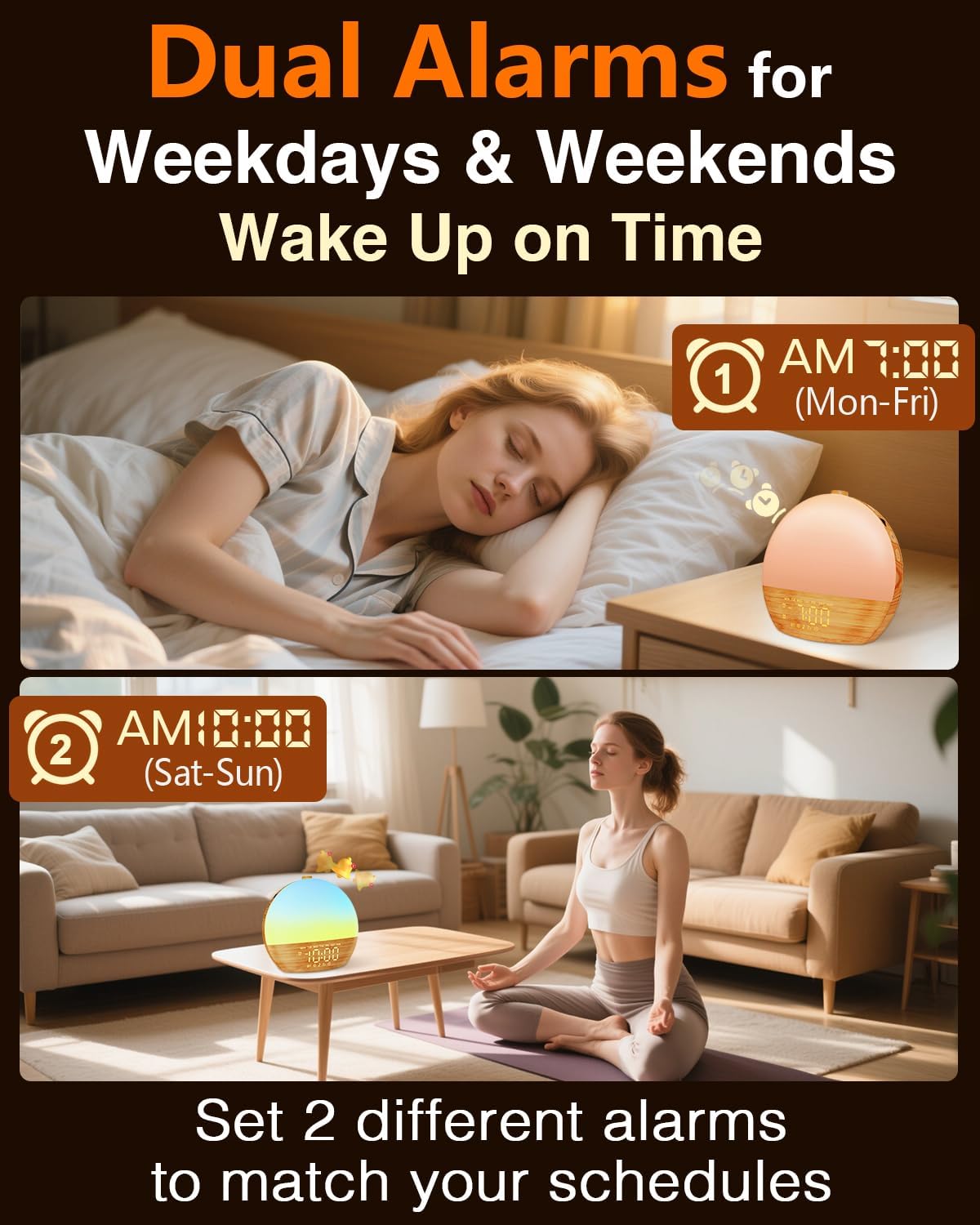 Sunrise Alarm Clock with Sound Machine - Wake Up Light, Wood Grain, Bluetooth, Dual Digital Alarm Clocks for Bedrooms, Adjustable Brightness, 30 Sleep Sounds, White Noise Machine for Baby & Adults
