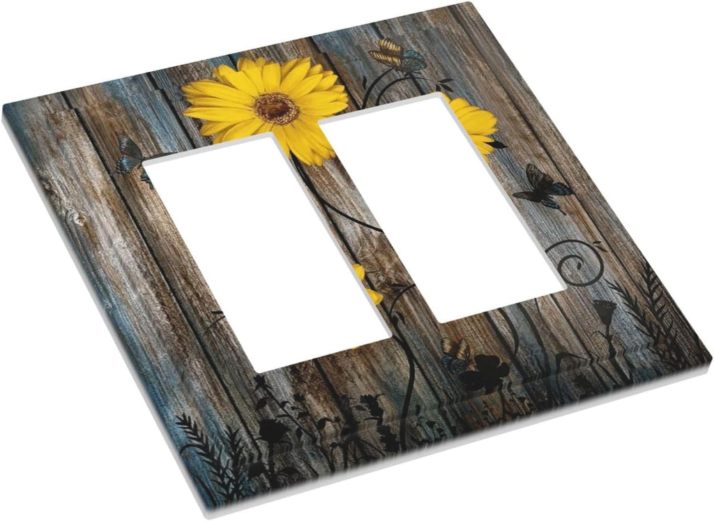 Rustic Barn Sunflower Wooden Daisy Flower Plank Decorative Outlet Covers 2 Gang Double GFCI Rocker Electrical Wall Panels Light Switch Cover Plate for Farmhouse Home Decor