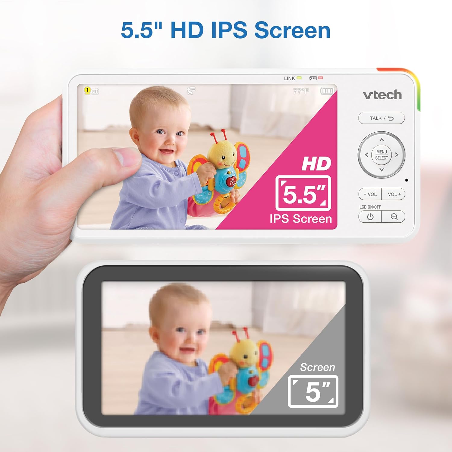 VTech 5.5" IPS Screen 720P Video Baby Monitor with Camera and Audio, Pan-Tilt-Zoom, Night Light, 2-Way Talk, Lullabies, Soothing Sounds, Long Battery Life, No WiFi: Advanced HD Plus