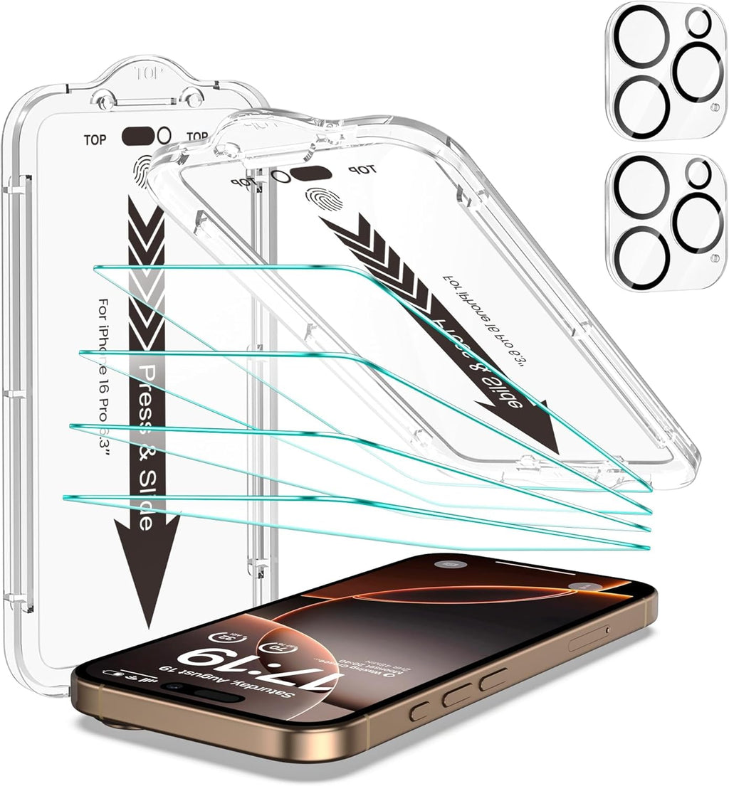 EZ-GLAZ- 4 Pack for iPhone 16 Pro Screen Protector [6.3"] With 2 Pack Camera Lens Protector, 9H+ Hardness 12FT Military Grade Shatterproof Scratch Resistant Durable Tempered Glass Film with Flawless Fit Kit, HD Clear