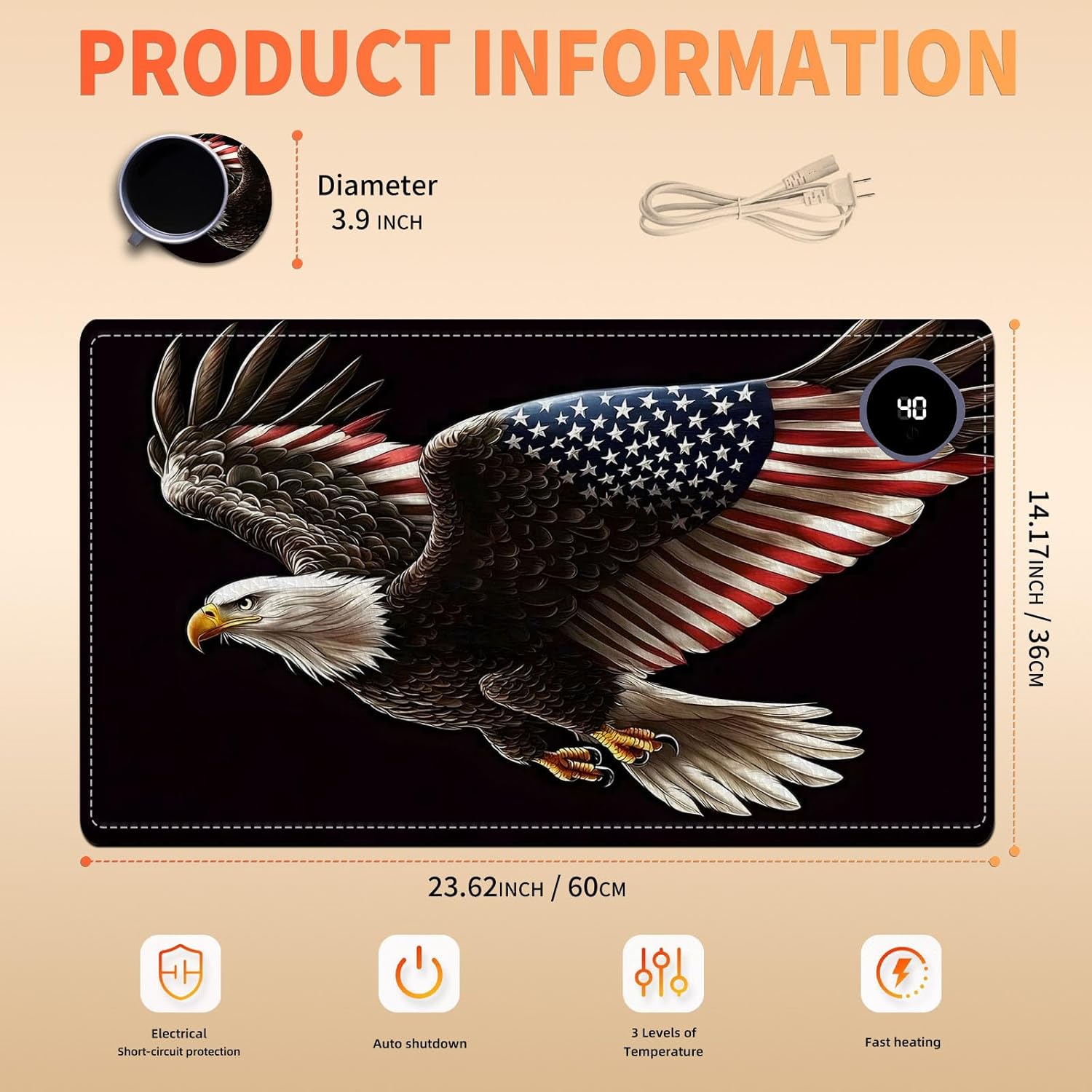 Heated Mouse Pad, Warm Desk Pad, Keyboard Mat 23.6 x 14 Inch Large Size Intelligent Fast Heating, 3 Speed Adjustable, Timed Auto Power Off for Game Office Home, Soaring American Flag Eagle