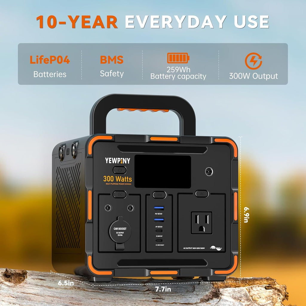 300W Portable Power Station, Solar Generator 259Wh, 70,000mAh LiFePO4 Battery with 65W USB-C PD&Pure Sine Wave AC, Solar Charging for Camping,Home Backup,Emergency Power(SOS Light & LCD Display)