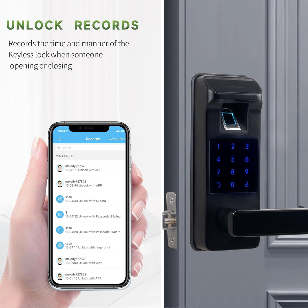 Harfo Smart Door Lock, Heavy Duty 5 in 1 Keyless Entry Door Lock, Full App Control Digital Keypad Lock, Reversible Handle with Fingerprints and Passcodes for Family/Office/Apartment (Black)