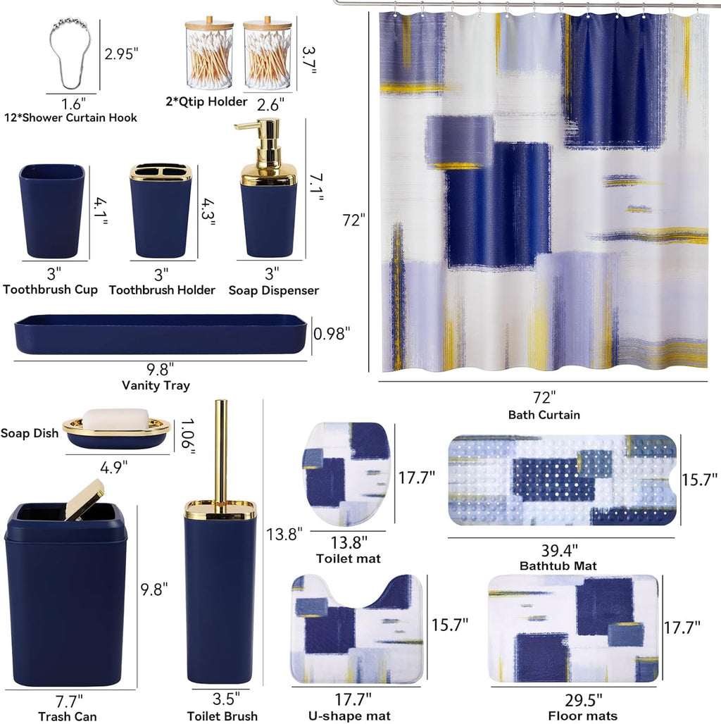 Bathroom Accessories Set - 26PCS Navy Blue Bathroom Set, Bathroom Accessory Set with Shower Curtain and Rugs and Bathtub Mats for Home