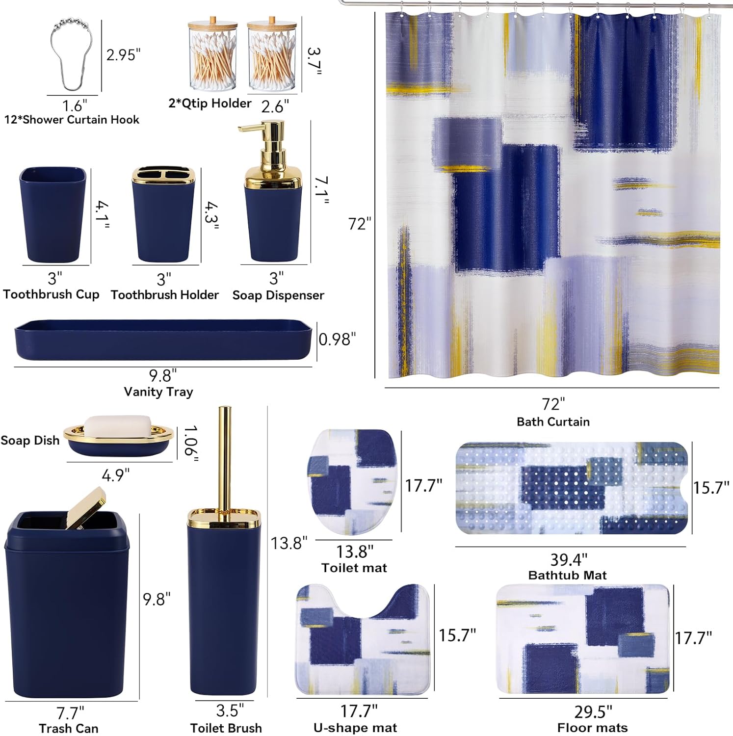 Bathroom Accessories Set - 26PCS Navy Blue Bathroom Set, Bathroom Accessory Set with Shower Curtain and Rugs and Bathtub Mats for Home