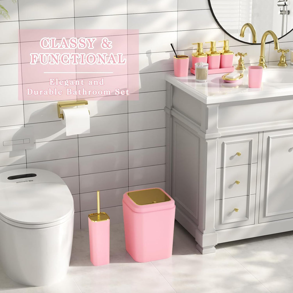 Bathroom Accessory Set, 11PC Bathroom Set, Pink Bathroom Accessories, Bathroom Accessories Set with Trash Can, 3PC Soap Dispensers and Toilet Brush