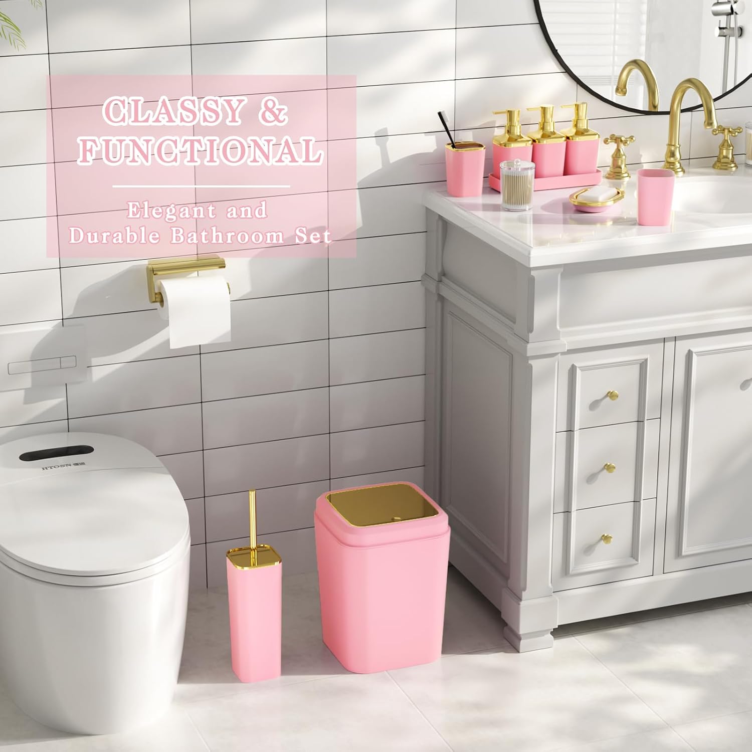 Bathroom Accessory Set, 11PC Bathroom Set, Pink Bathroom Accessories, Bathroom Accessories Set with Trash Can, 3PC Soap Dispensers and Toilet Brush