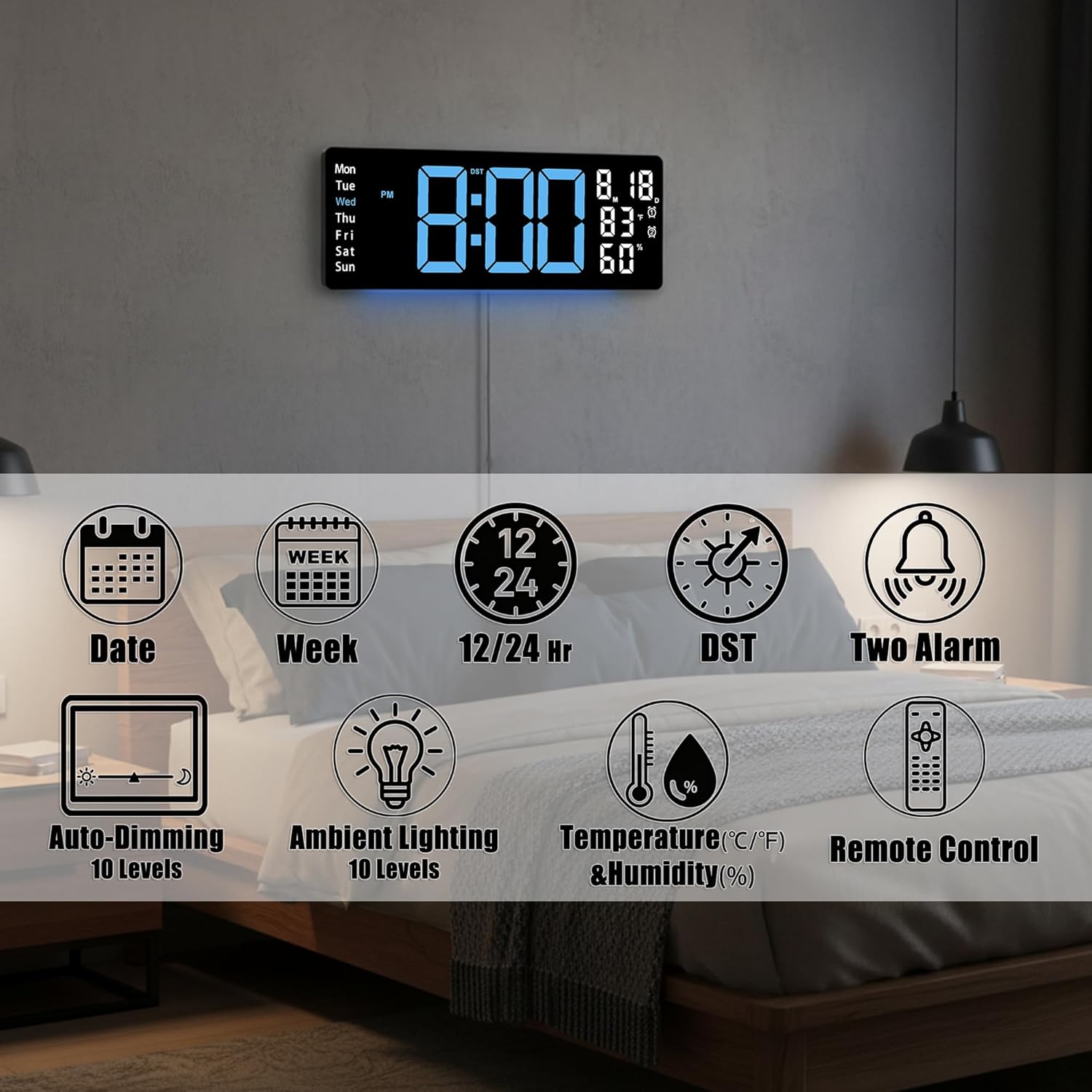 17.5 Inch Blue LED Digital Wall Clock with 8 Ambient Light Colors｜Displays Time,Date,Day,Temperature&Humidity,Dual Alarms,Countdown&Stopwatch,DST,10-Level Auto/Manual Brightness｜Modern Silent Clock
