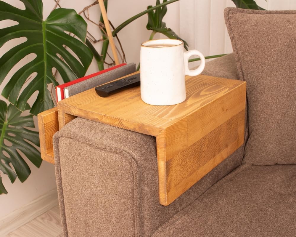 Wooden Couch Arm Tray – Sofa Armrest Table with Book & Magazine Holder, Perfect for Coffee & Remote Control, Solid Wood (Madrid)