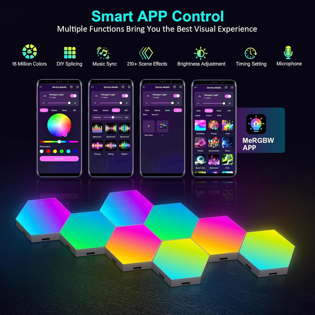 Hexagon LED Lights 8 Pack - RGB Wall Panels with Music Sync, Smart App & Remote Control, DIY Modular Hex Light for Gaming Room, Bedroom, Living Room, Wall Decor