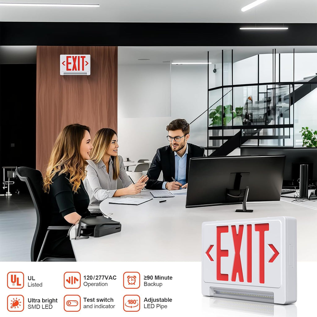 Exit Sign with Adjustable LED Pipe, Exit Signs with Emergency Lights Bar Combo, Compact Hardwired Exit Sign with Battery Backup，Red Led Emergency Exit Light for Business , 120V/277VAC,UL Listed,Top/Side/Wall Mount (2 Pack)