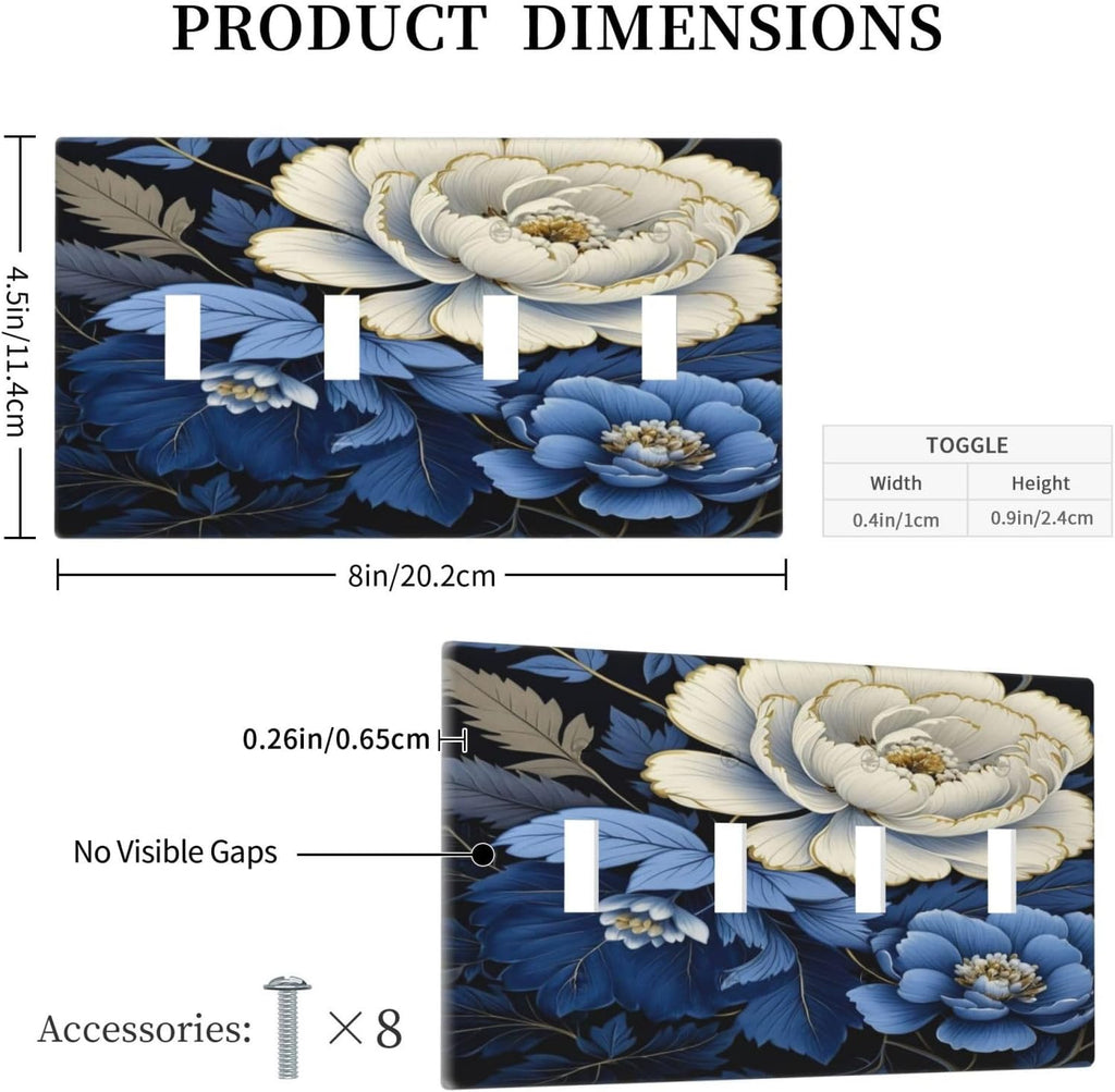 Blue White Flowers Light Switch Covers Quad Toggle 4 Gang Wall Plate Decorative Switchplate Electrical Faceplate for Farmhouse Bathroom Living Decor