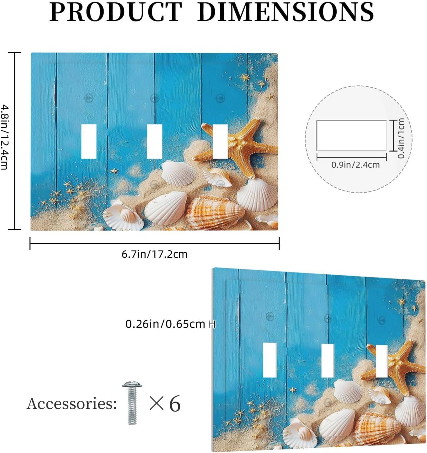 Decorative Switch Plates Blue Wood Grain Beach Shell Starfish 3 Gang Wall Plate Triple Toggle Light Switch Cover Faceplate Electrical Wall Panels for Bathroom Farmhouse Decor