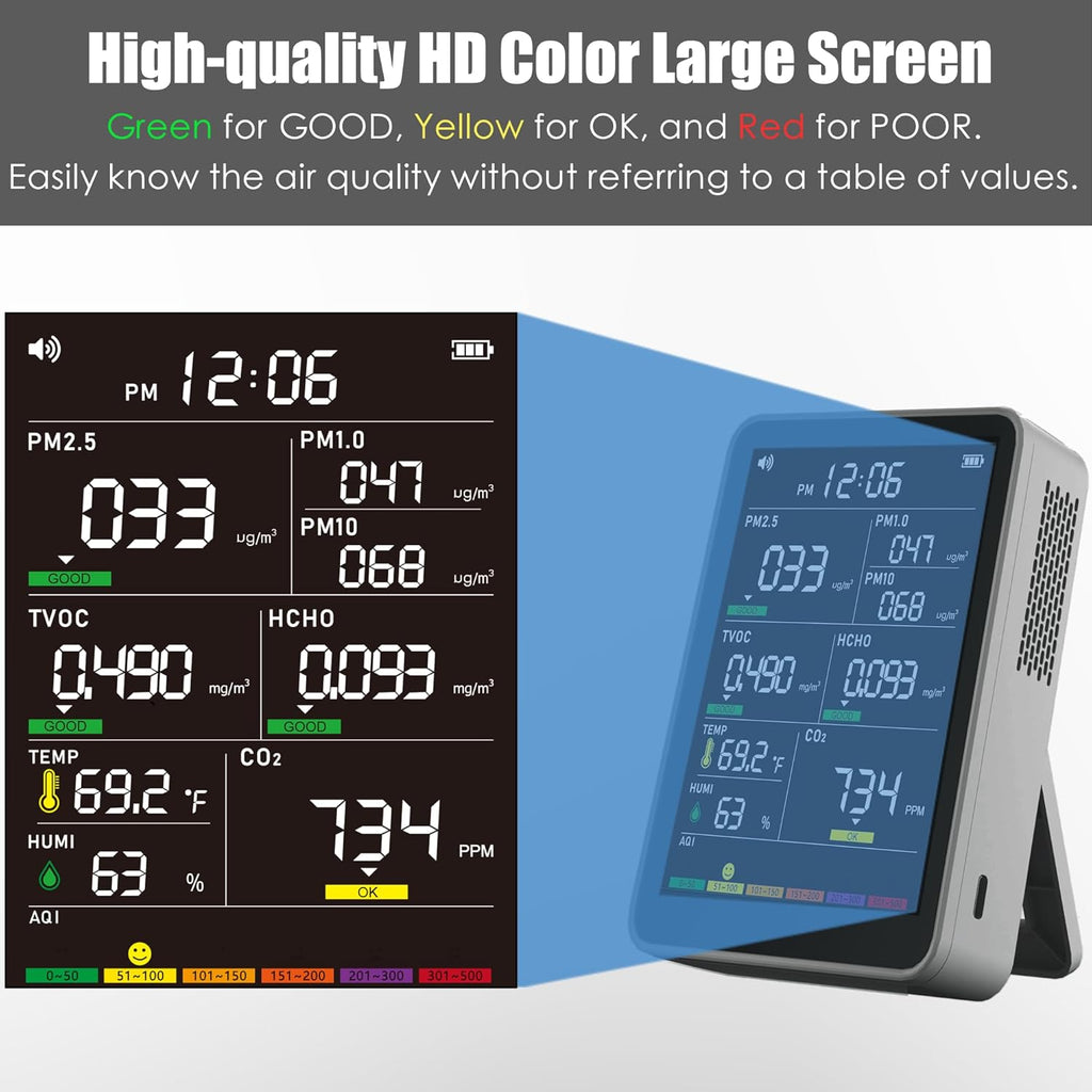 Professional Indoor Air Quality Monitor with AQI Beep Alarms, Portable Real-Time Detector for Home Cars Plants and Pets (Gray)