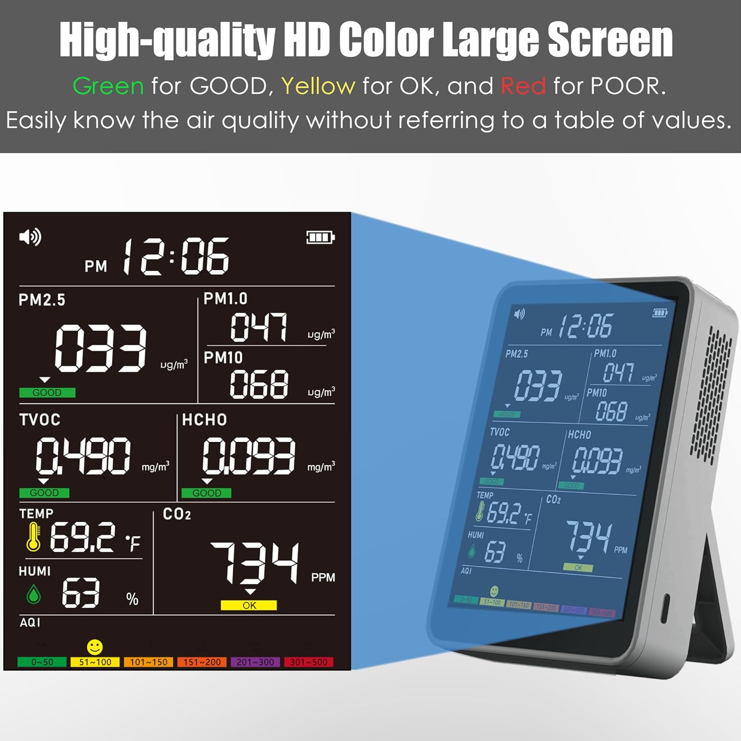 Professional Indoor Air Quality Monitor with AQI Beep Alarms, Portable Real-Time Detector for Home Cars Plants and Pets (Gray)