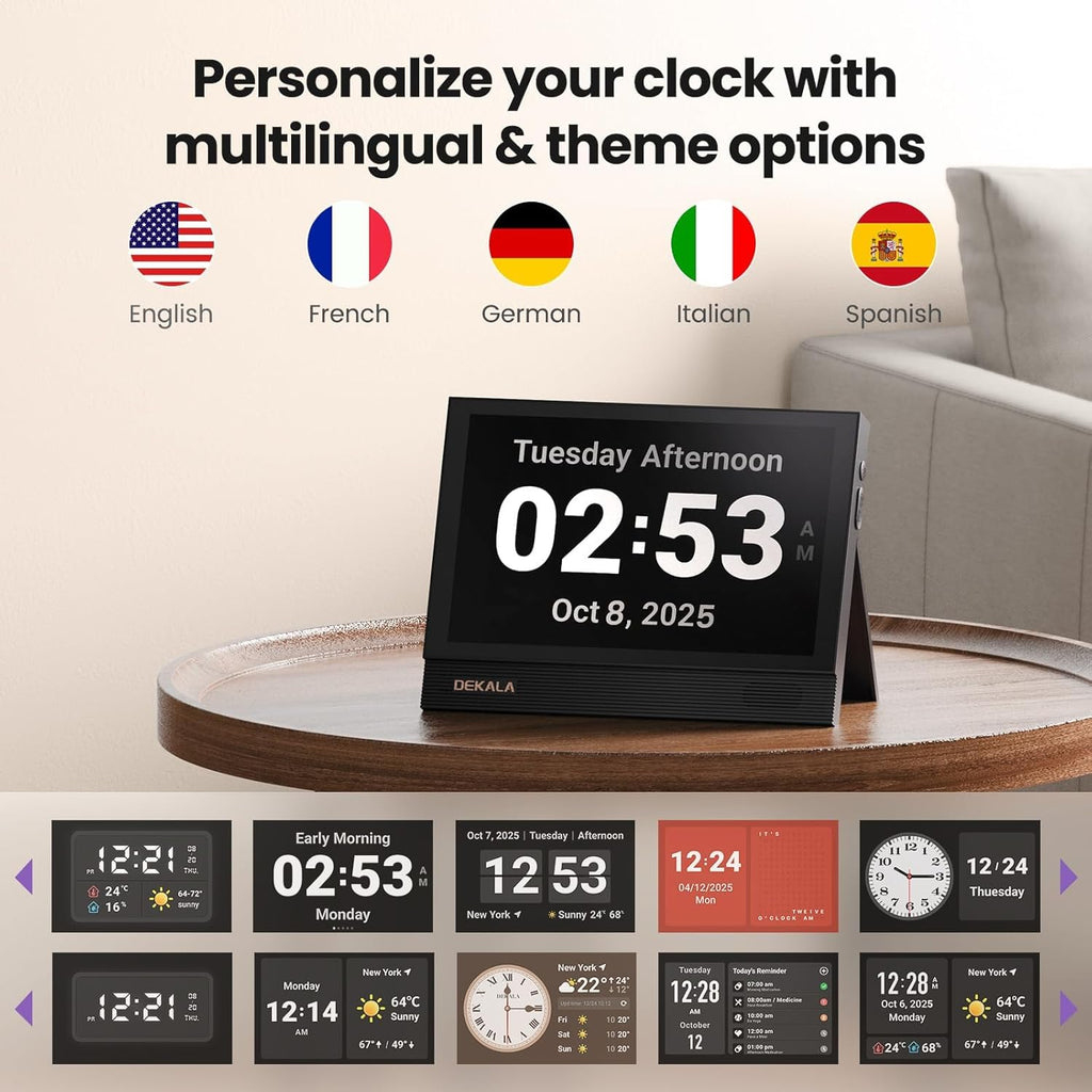 Dekala ClearTime 10.1" Large Display Digital Wall Calendar Clock, TouchScreen Voiced Alarm Clock for Bedroom Medication Reminder, WiFi Weather Display Auto DST for Adult Senior Dementia Heavy Sleepers