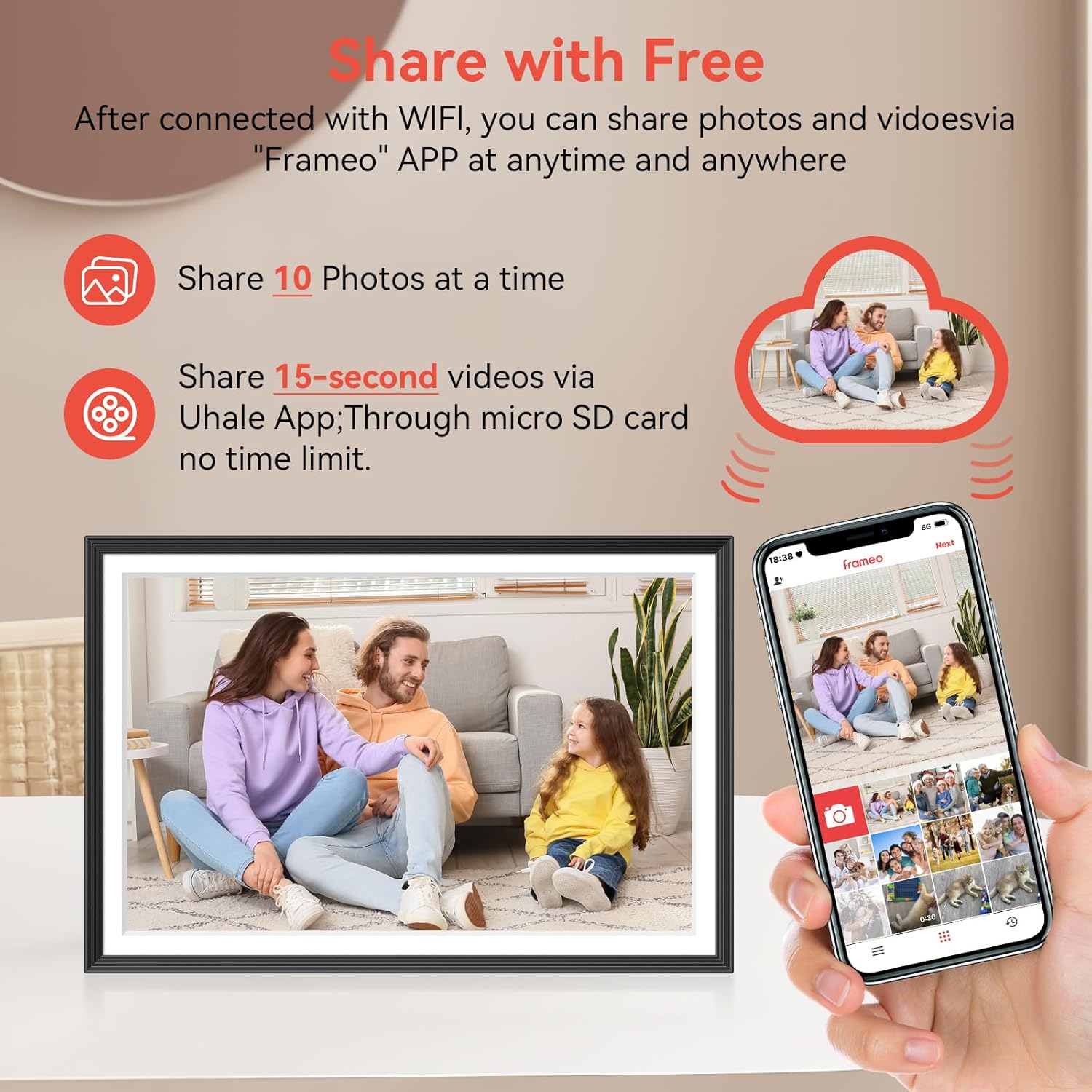 Frameo 10.1 inch Digital Picture Frame, Smart WiFi Digital Photo Frame with 32G Memory, HD Touch Screen, Auto-Rotate, Slideshow, Easy Setup, Share Photos and Videos Anywhere(Black)