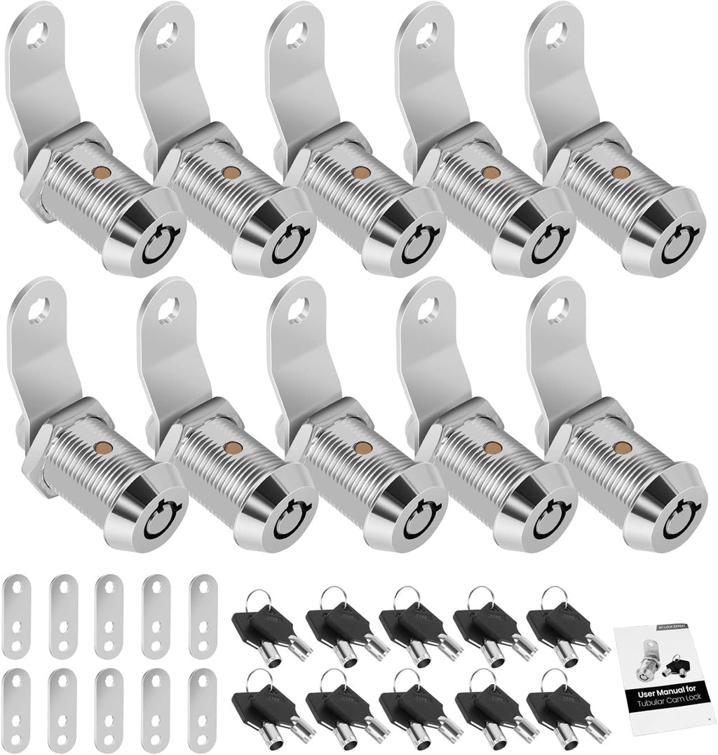 10 Pack Cabinet Lock with Keys, RV Storage Locks, 7/8” Tubular Cam Lock Keyed Alike, RV Locks for Storage Door Camper Cabinet Toolbox RV Cam Locks with Manual